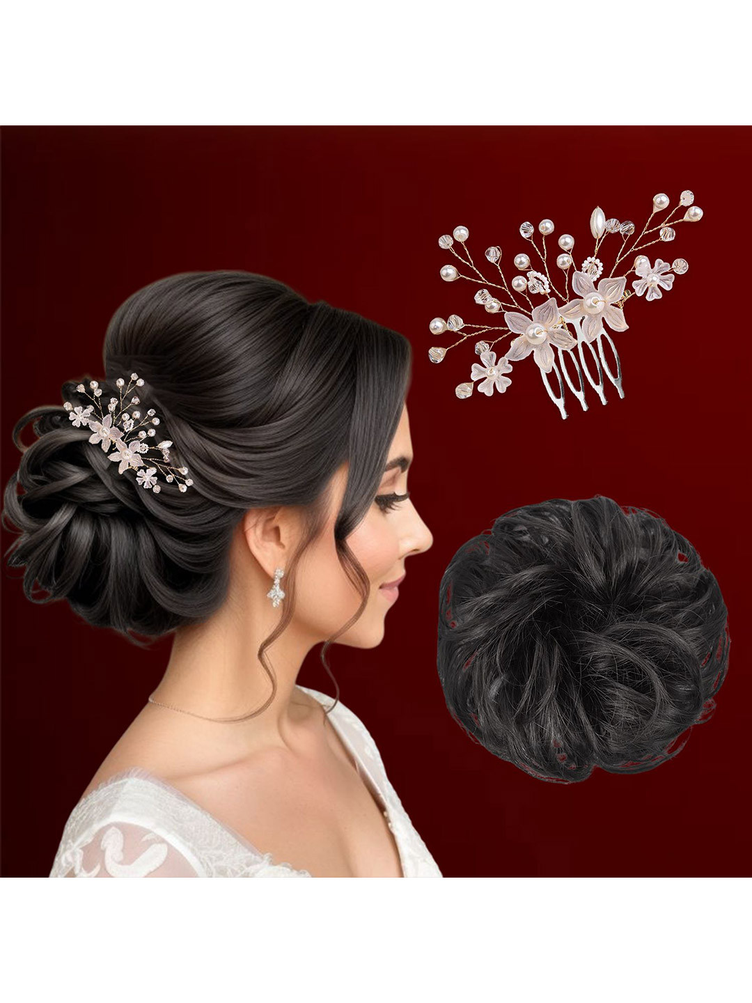 LYKAA Set of 2 Black & Silver Pearl Flower Partywear Comb Clip & Messy Bun Scrunchies