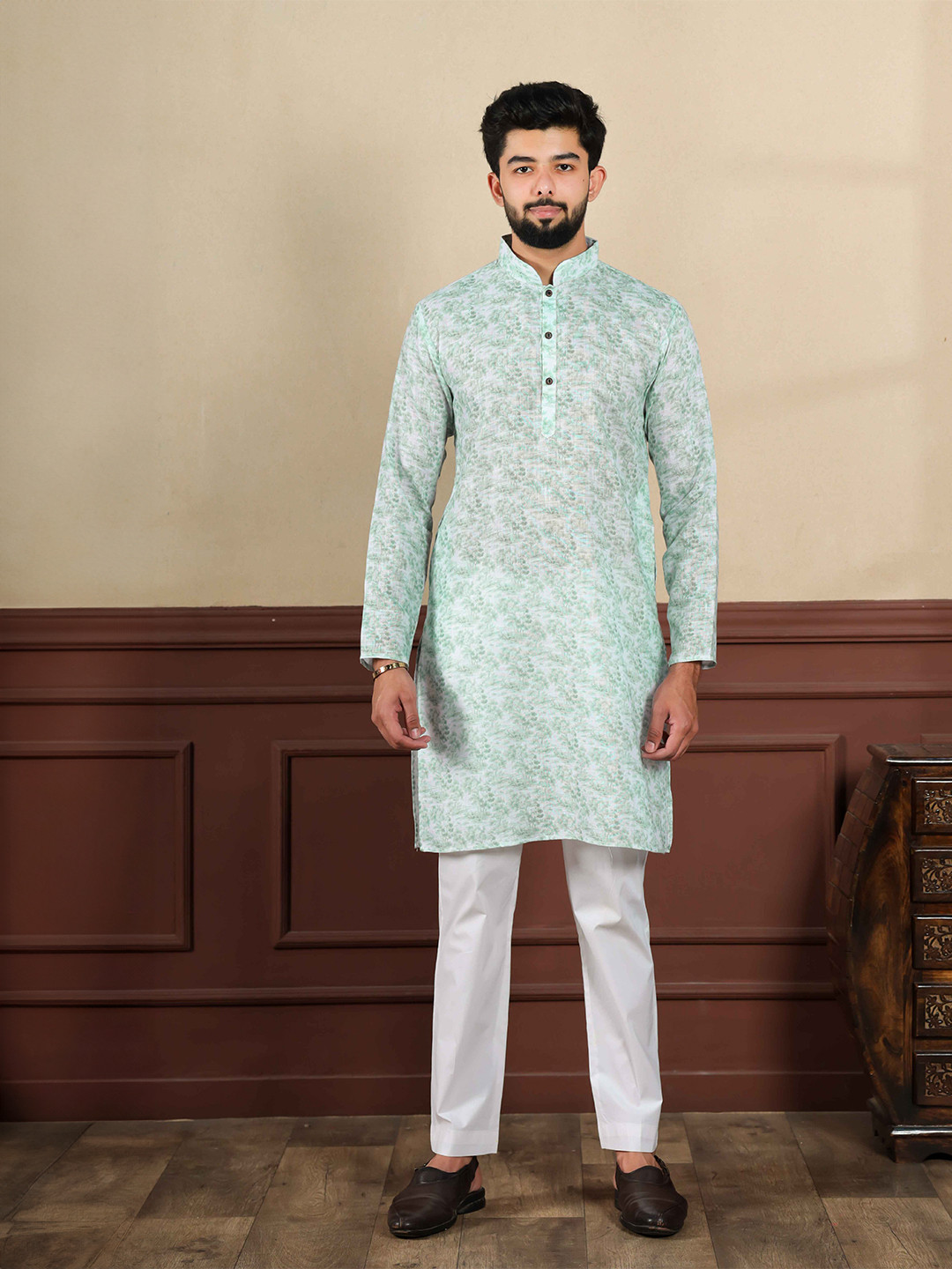 Koshin Printed Linen Thread Work Mandarin Collar Straight Kurta
