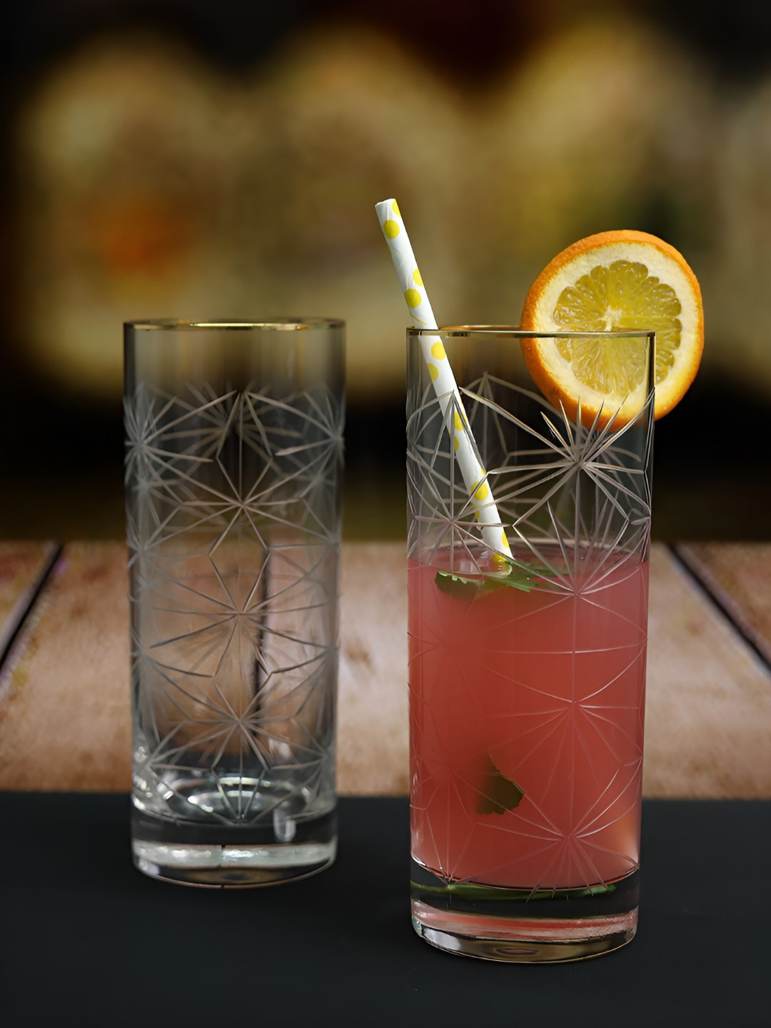 SMOKEY COCKTAIL Set of 2 Transparent Textured Regal Gold Rim Crystal Tall Cocktail Glasses