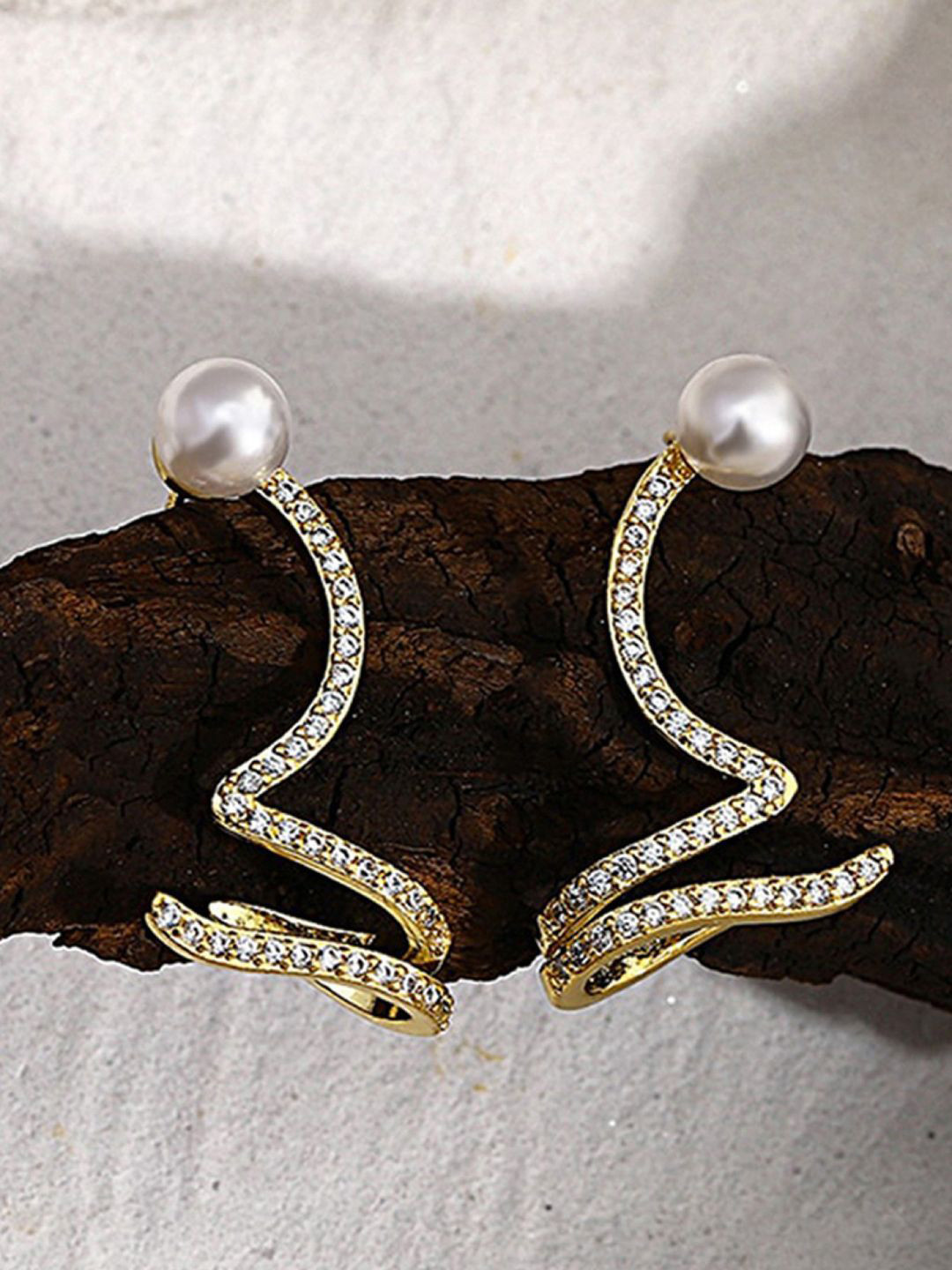 styledose Korean Sterling Silver Stone & Pearls Studded Snake Shape Drop Earrings