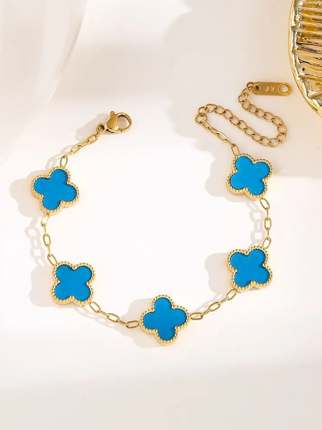 MEENAZ Clover Stainless Steel Gold-Plated American Diamonds Anti Tarnish Link Bracelet