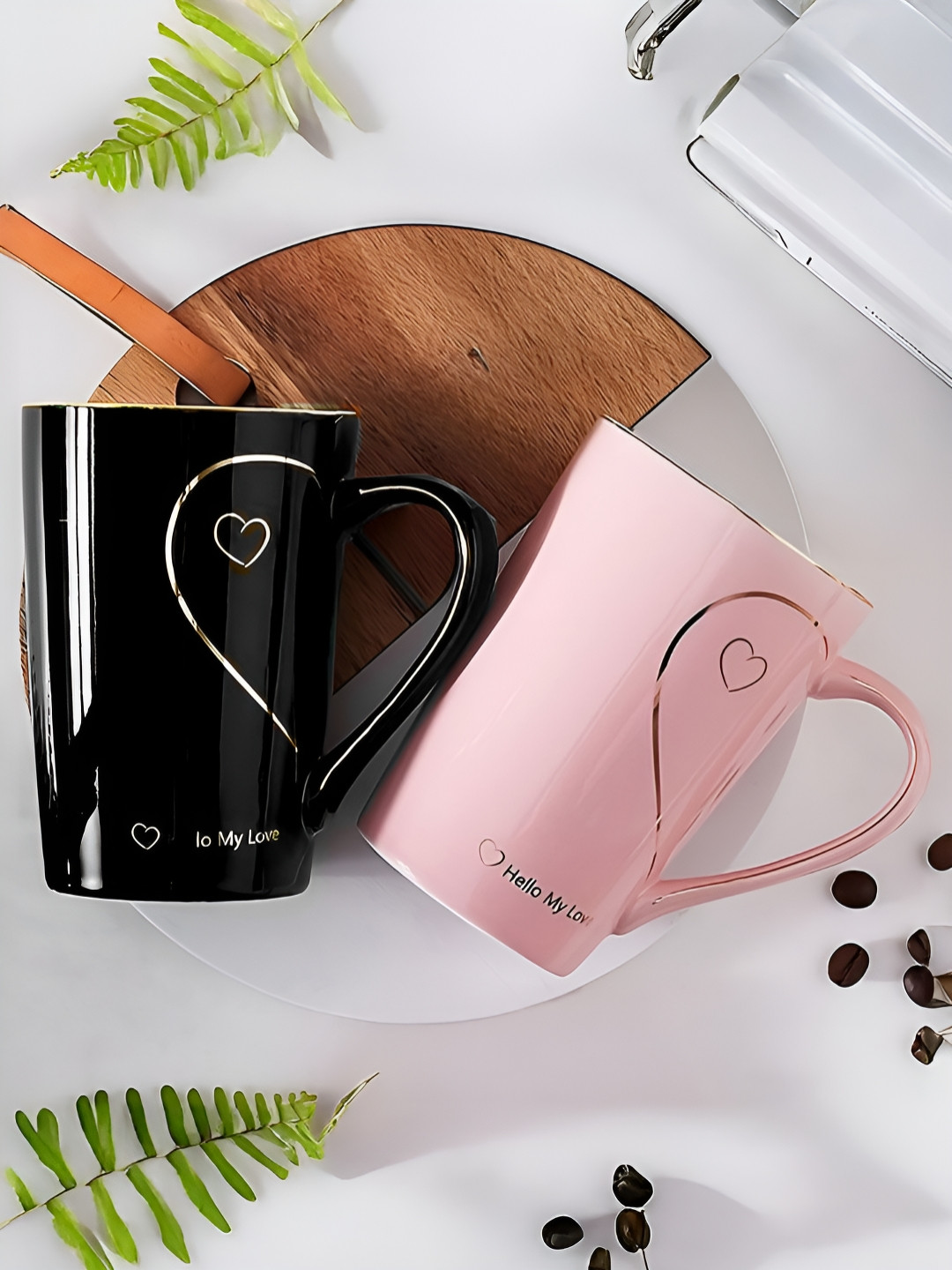 BonZeaL Black & Pink 2 Pieces Printed Ceramic Glossy Premium Coffee Mug 300 ml
