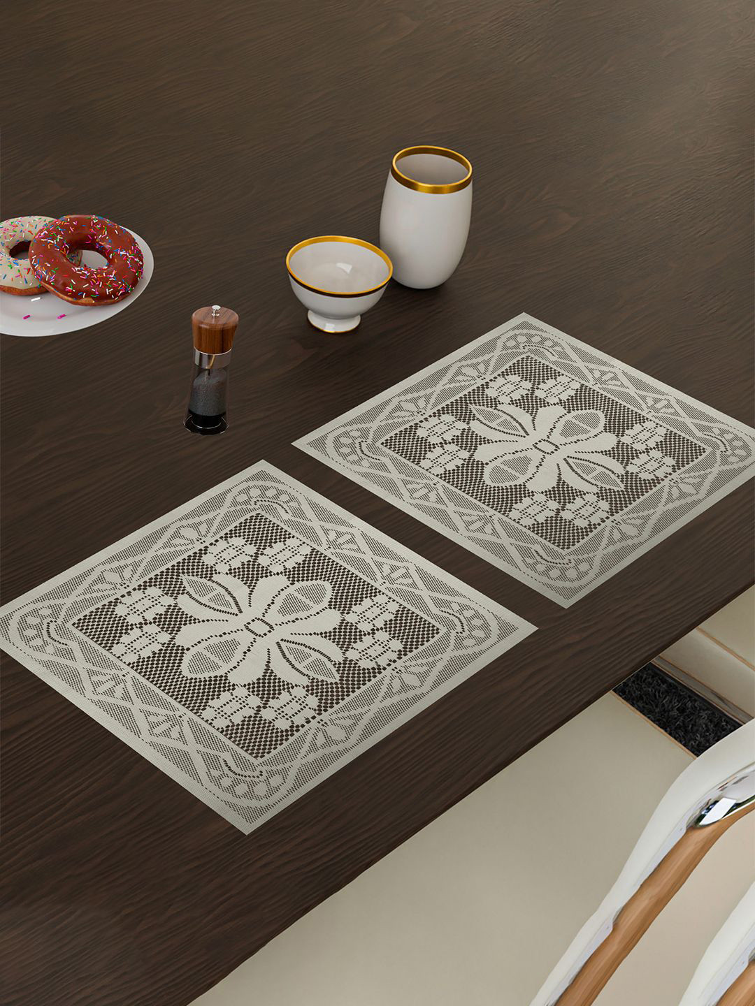 Kuber Industries Cream-Coloured 2 Pieces Floral Cotton Square Shape Net Table Placemats