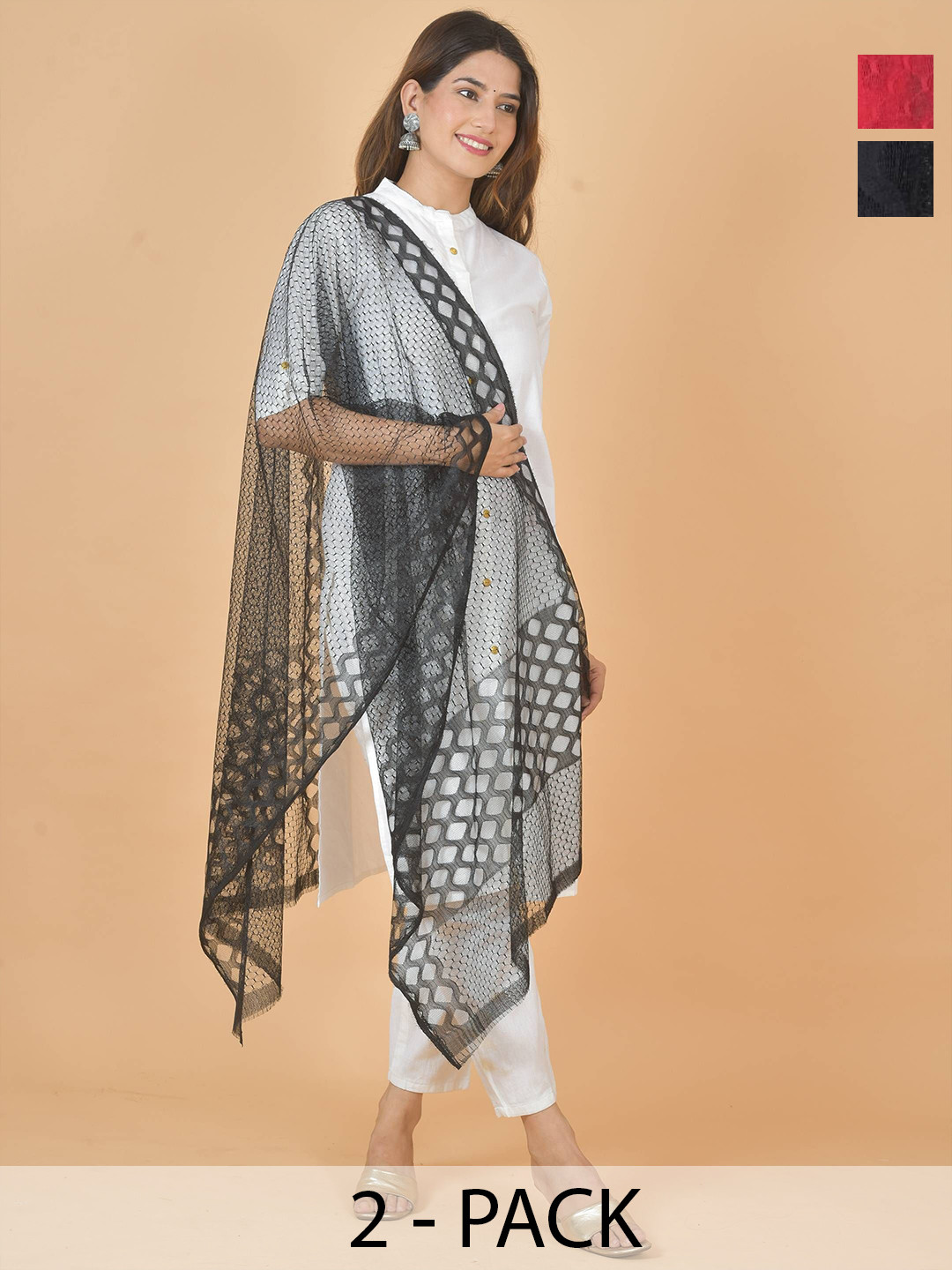 LA FEMINAE Selection Of 2 Geometric Woven Design Dupatta