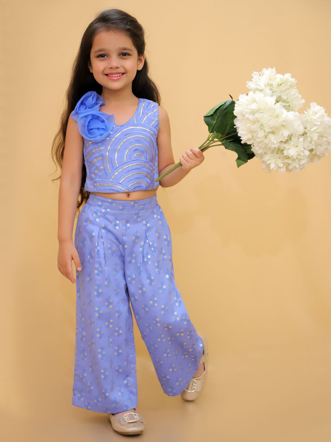 LIL DRAMA Girls Bollywood Tadka Embellished Pure Cotton Top With Trousers