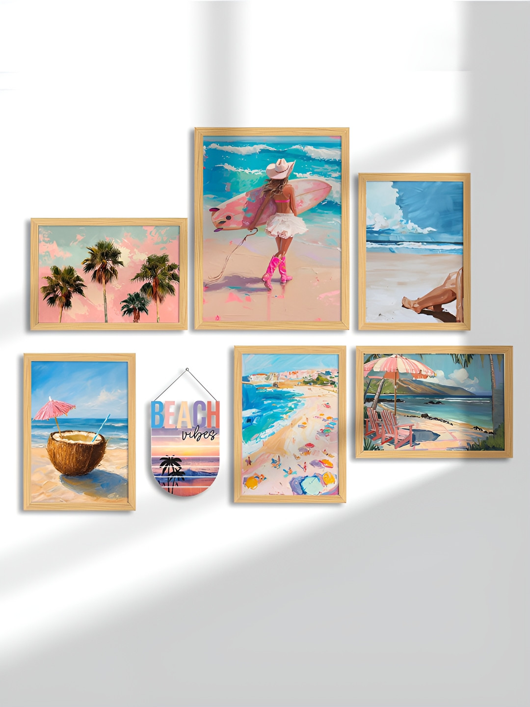 Art Street Pink & Blue 7 Pieces Summer Beach Paper Painting Wall Arts