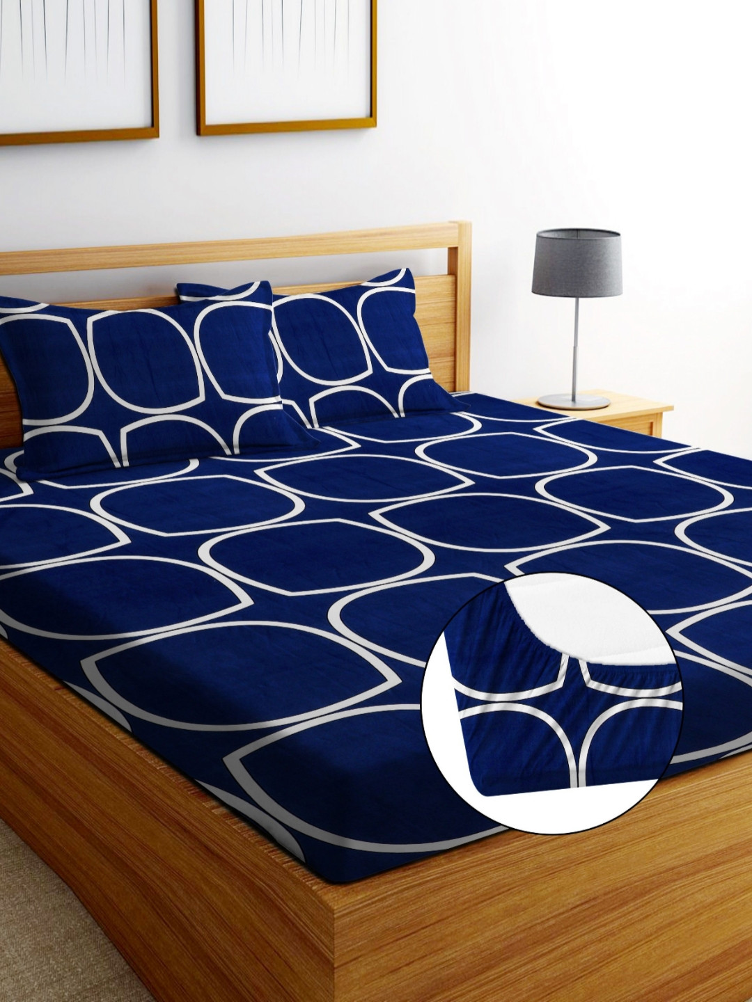 EXFAB Blue Geometric Cotton 244 TC Fitted King Fine Bedsheet with 2 Pillow Covers-72 x 78 inches