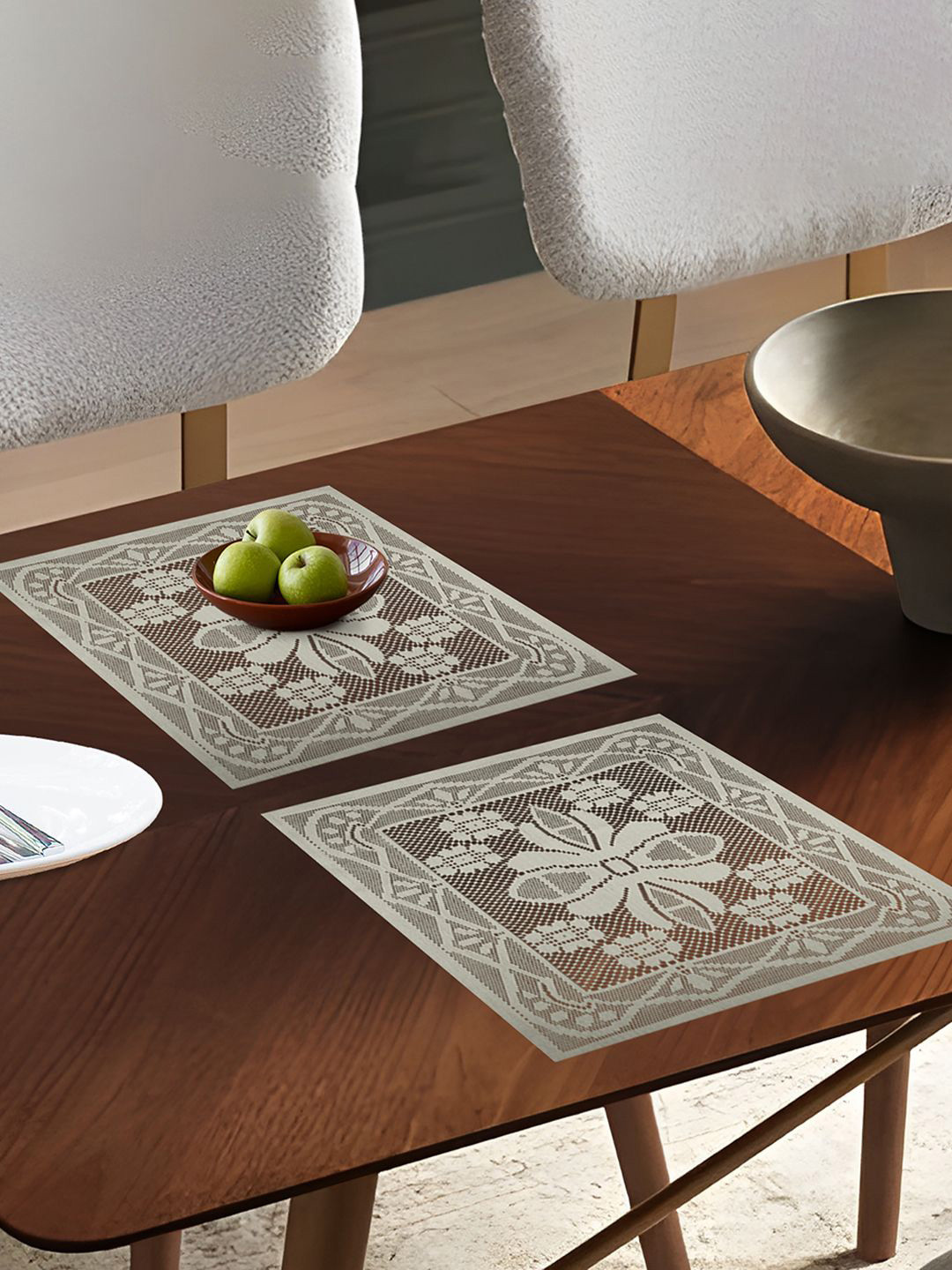 Kuber Industries Cream-Coloured 2 Pieces Floral Cotton Square Shape Net Table Placemats