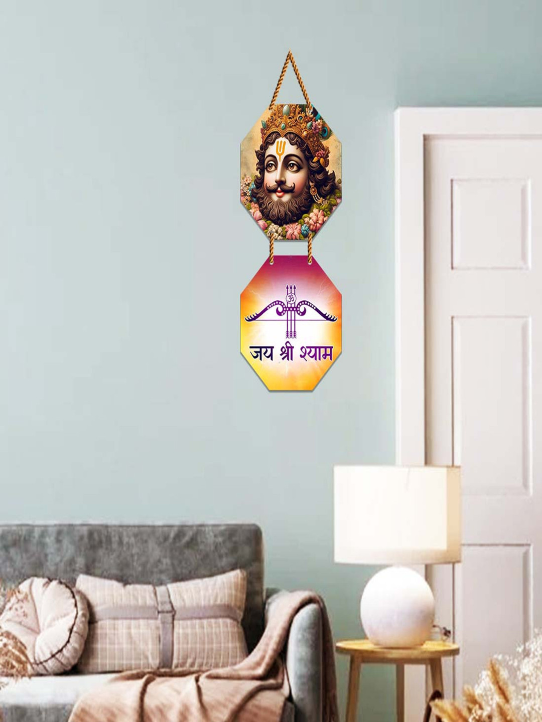WallDaddy Yellow & Brown Shyam Face Printed Spiritual Wooden Wall Hanging