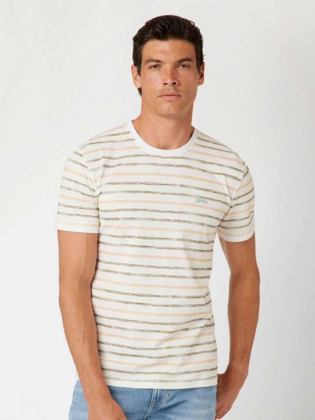 GUESS Men Striped Round Neck Cotton Slim Fit T-shirt