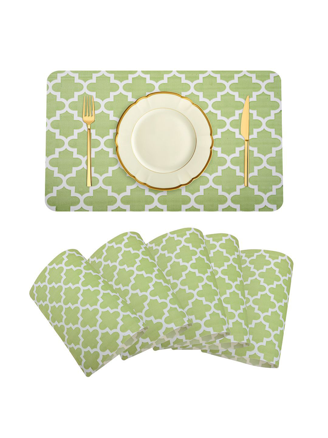 Kuber Industries Green & White 6 Pieces Hexagon-Design Rectangle Shaped Table Placemats