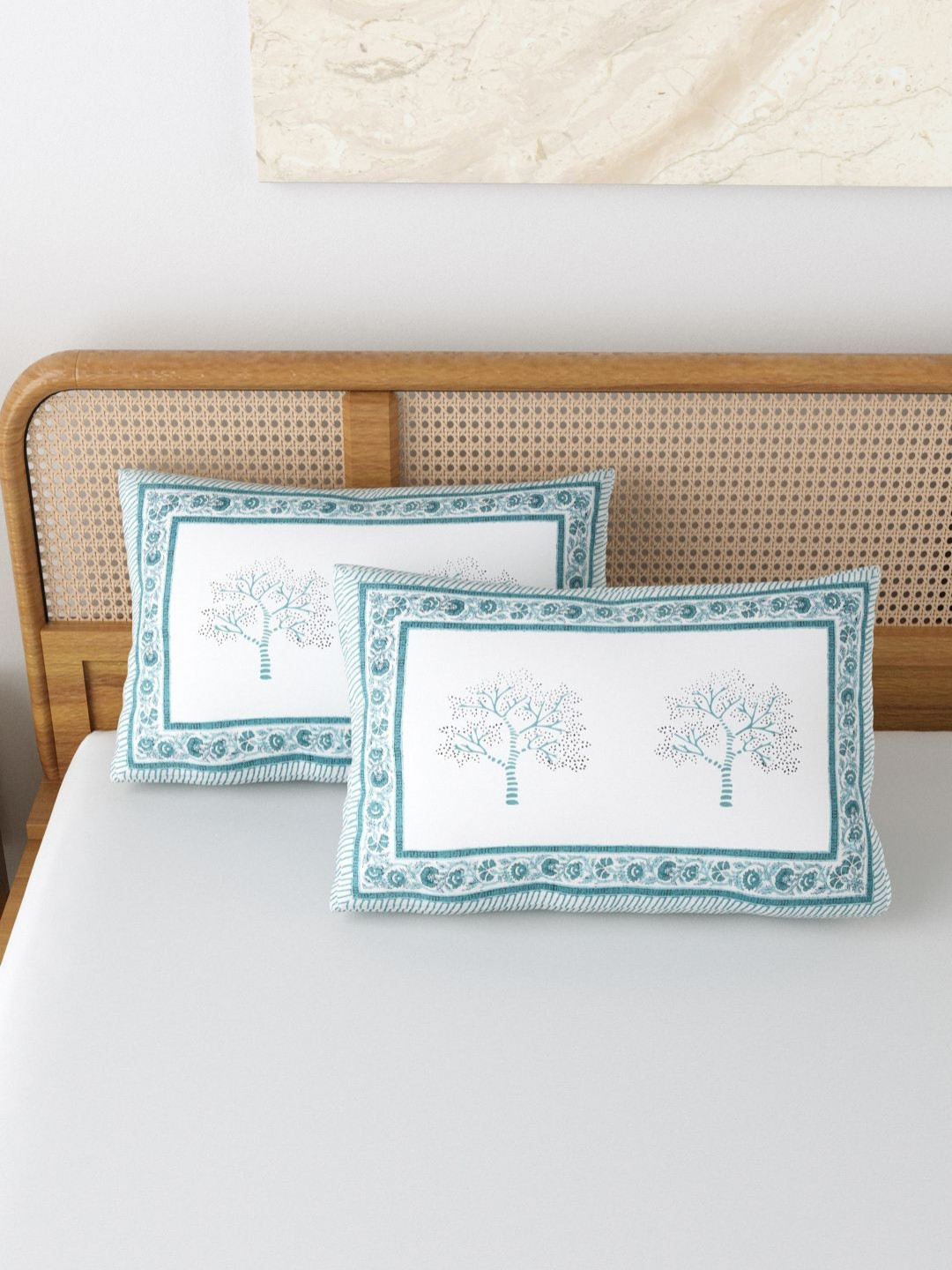 BLOCKS OF INDIA Blue & White 2 Pieces Printed Pure Cotton Rectangle Pillow Covers