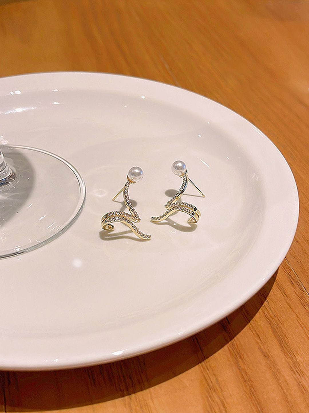 styledose Korean Sterling Silver Stone & Pearls Studded Snake Shape Drop Earrings