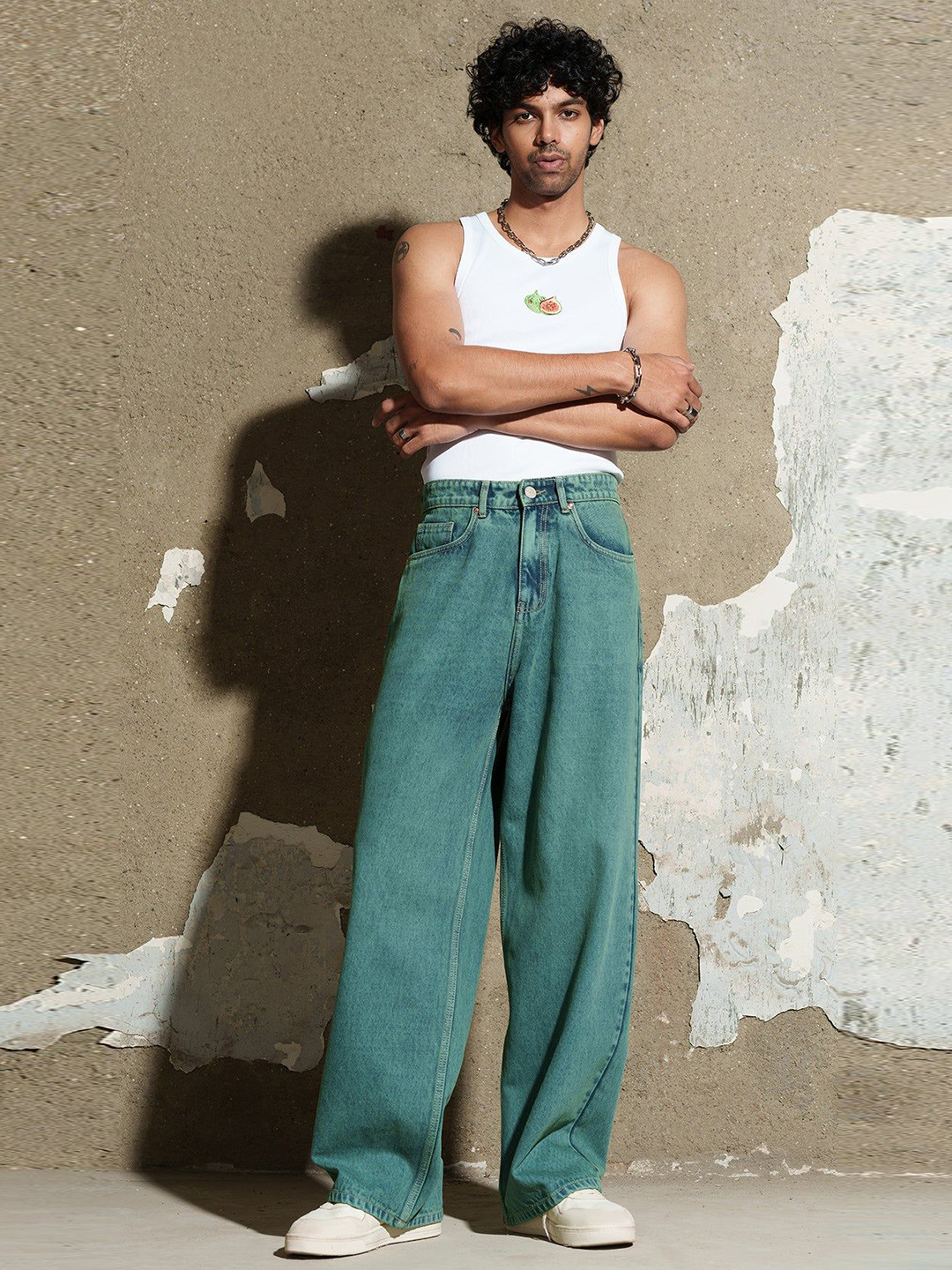 FREAKINS Deep Jade Men Cotton Wide Leg Jeans