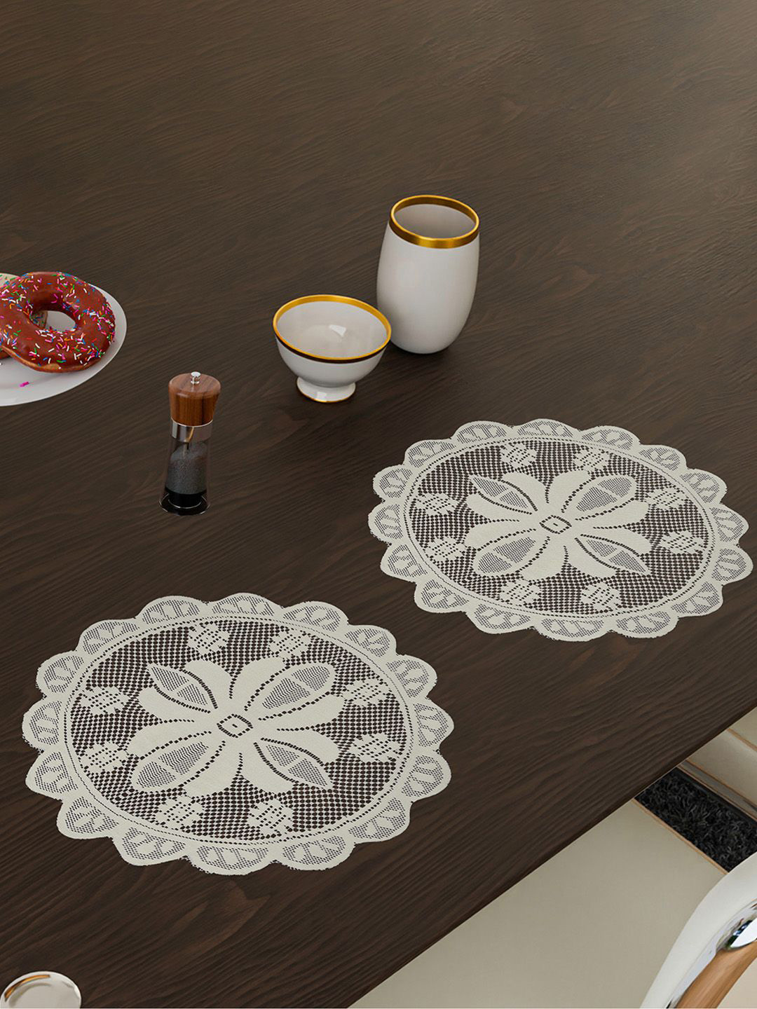 Kuber Industries White 2 Pieces Cotton Round Shape Net Table Placemats