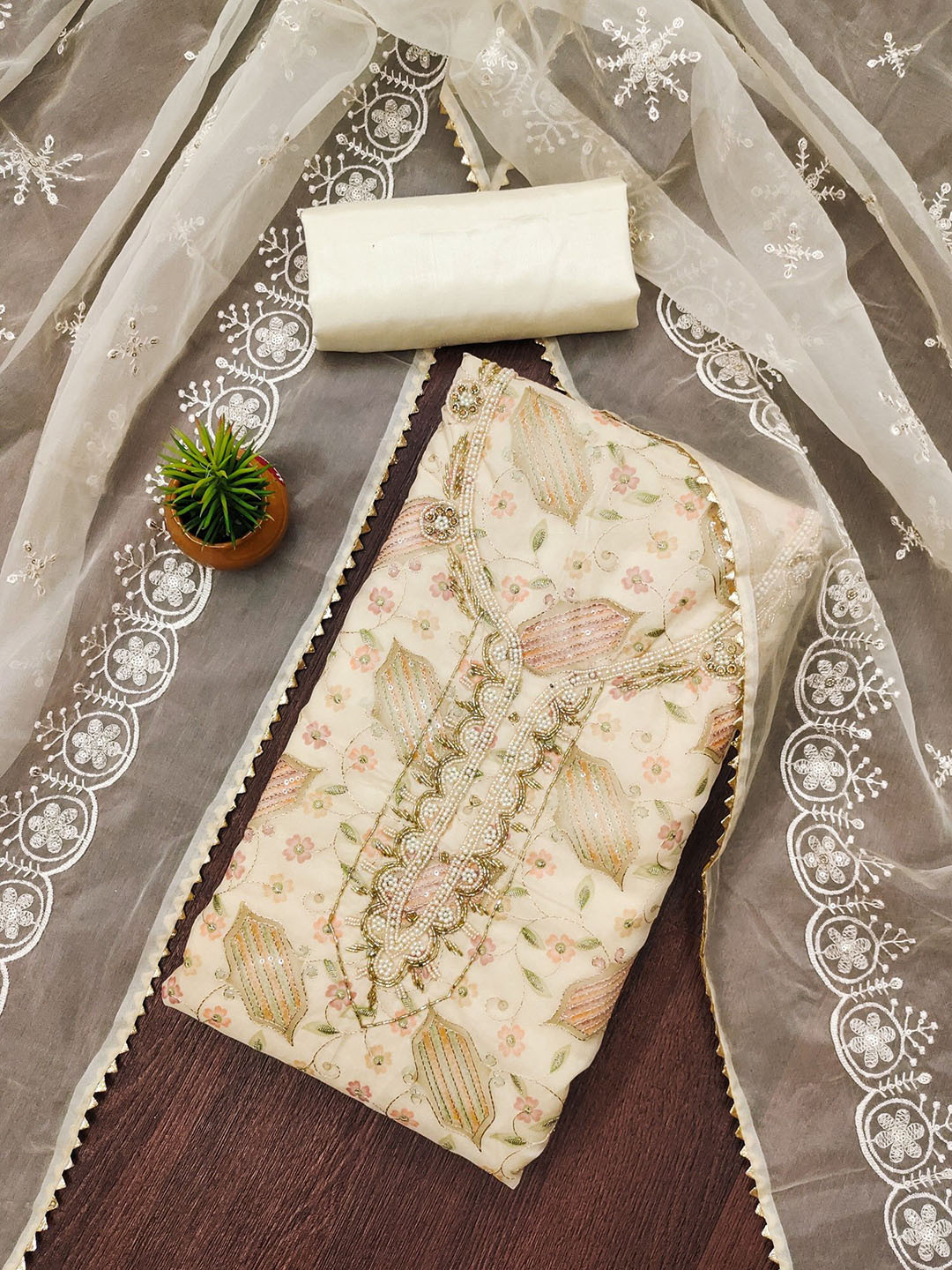 Rangtulika Ethnics Printed Beads And Stones Organza Unstitched Dress Material