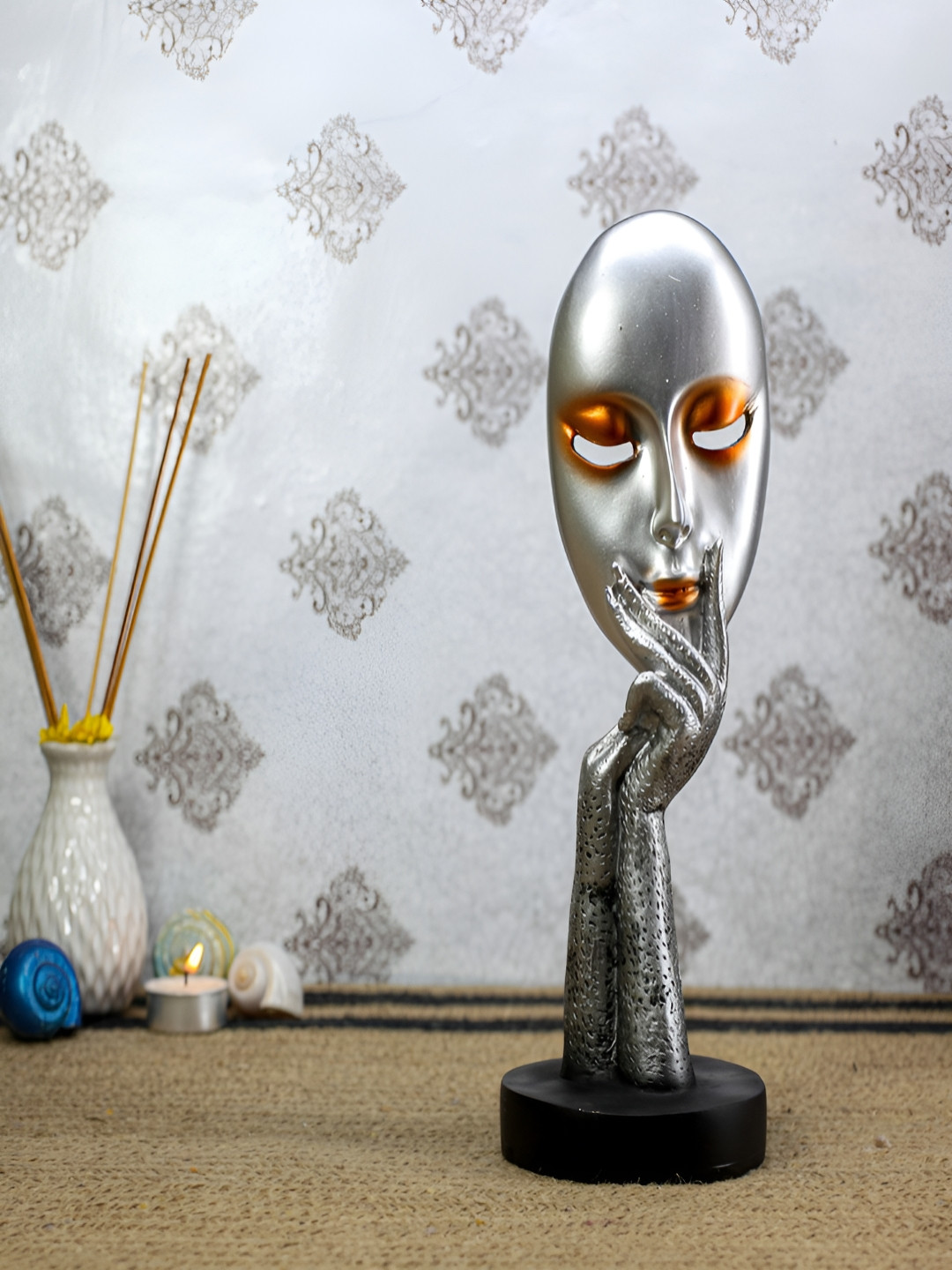 Nantan Human Face Silver Polyresin Matte Living Room Medium Showpiece - 10.5 Inches