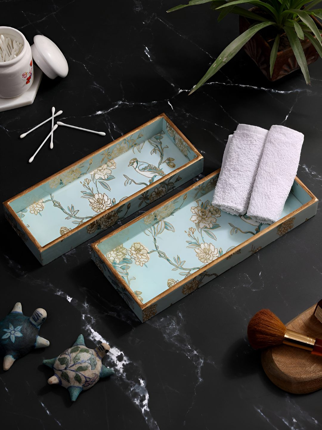 DULI Blue Wood 2 Pieces Printed Rectangle Easy to Clean Serving Tray