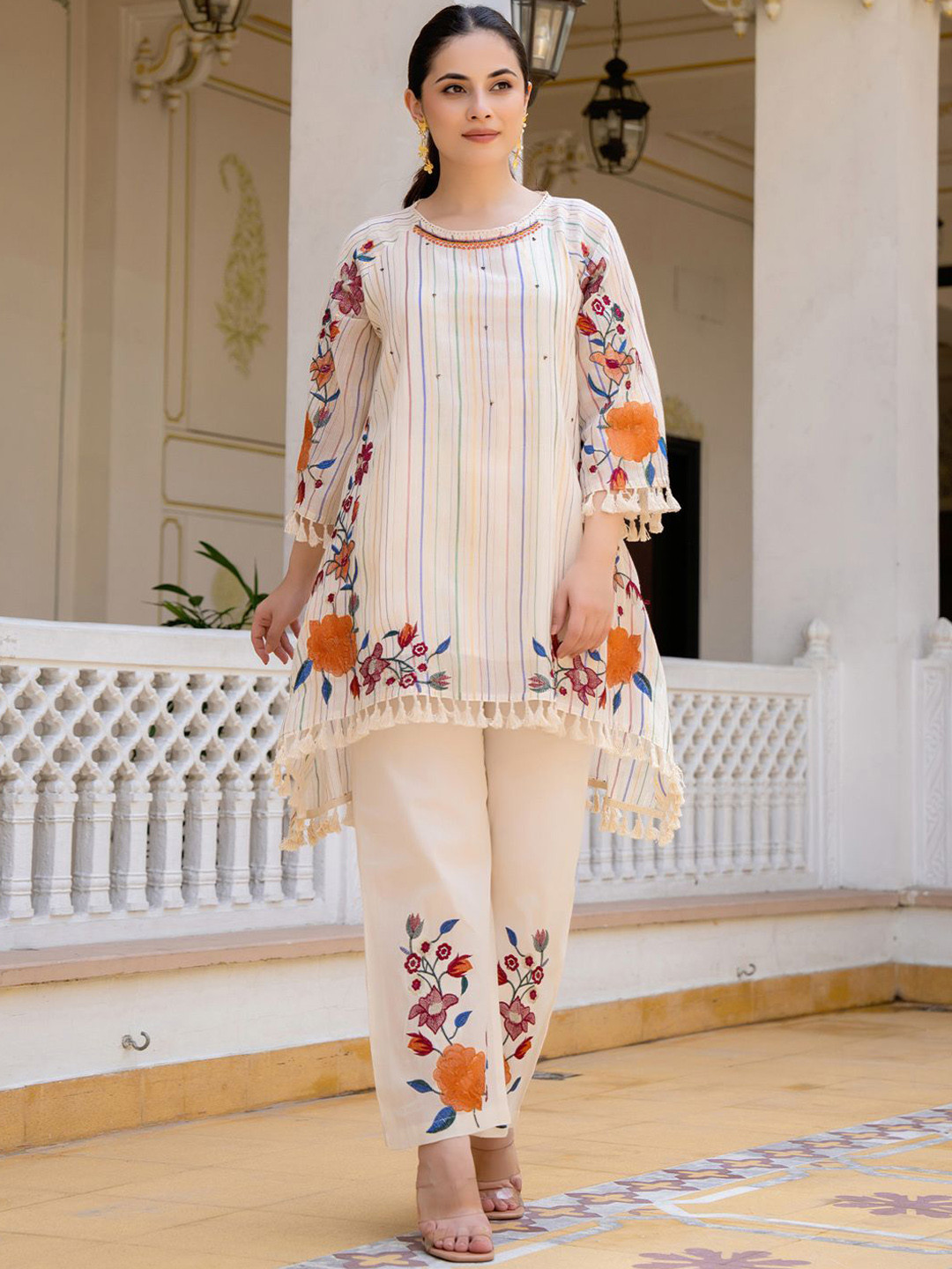 Indo Era Floral Embroidered Round Neck A-Line Pure Cotton Kurta With Palazzos