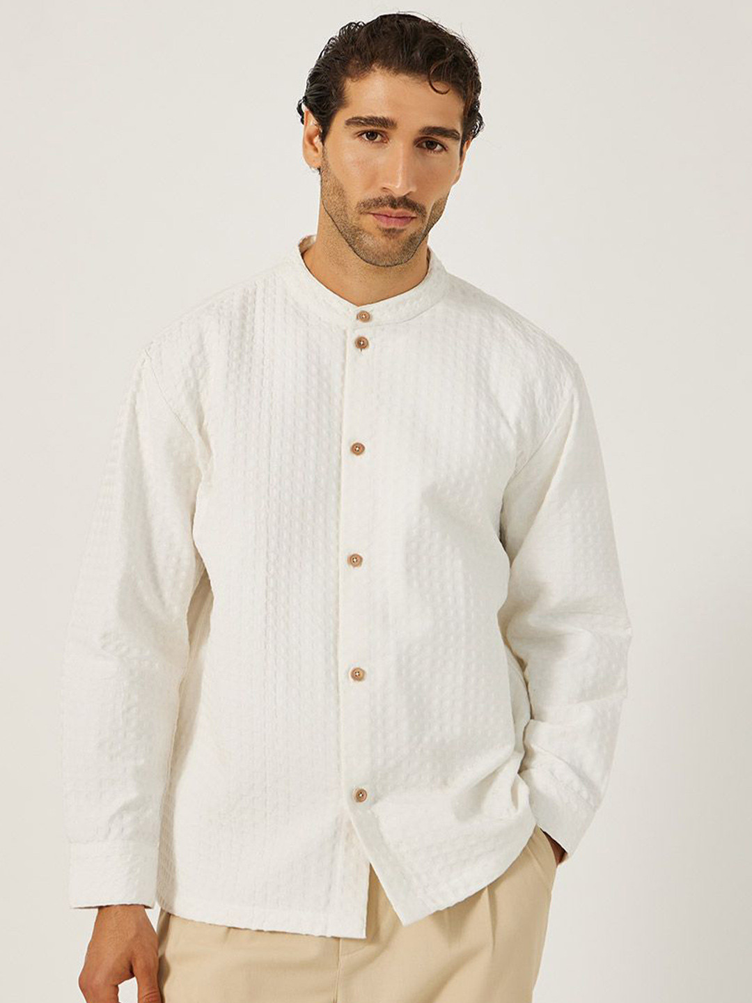 Styli Men Waffle Textured Relaxed Fit Mandarin Collar Shirt