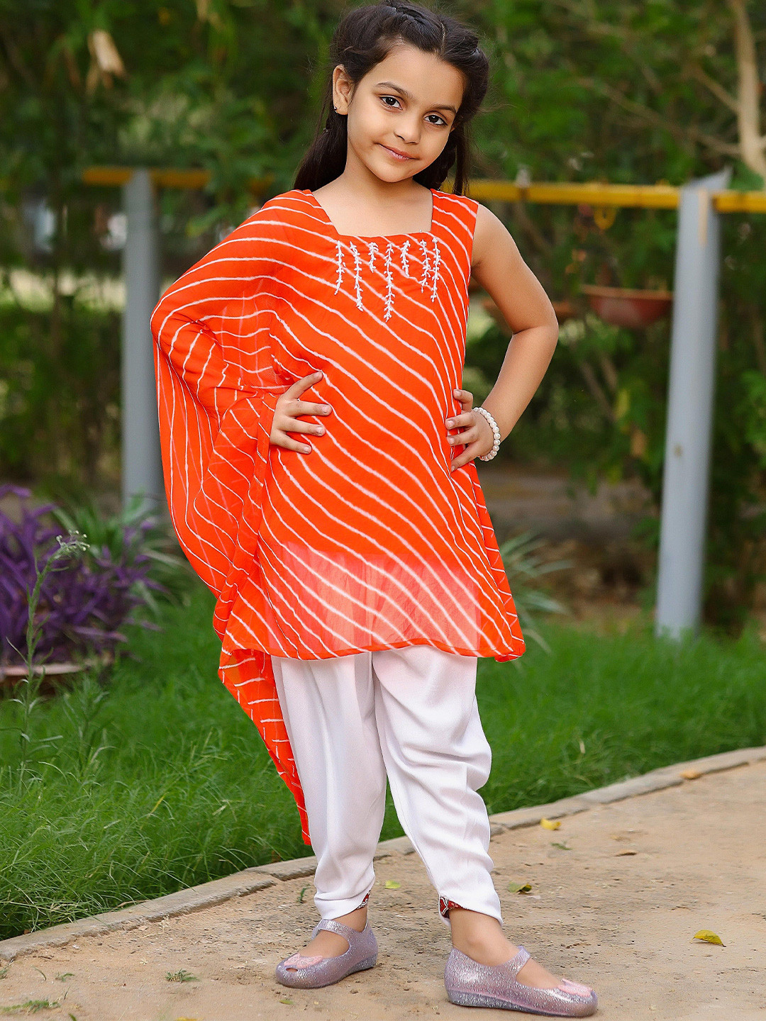 Thread & Button Girls Orange Onesided Kurta Set