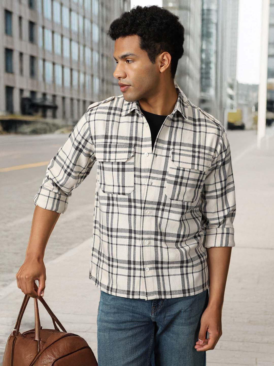 High Star Men Releaxed Fit Tartan Checks Textured Checked Utility Casual Shirt