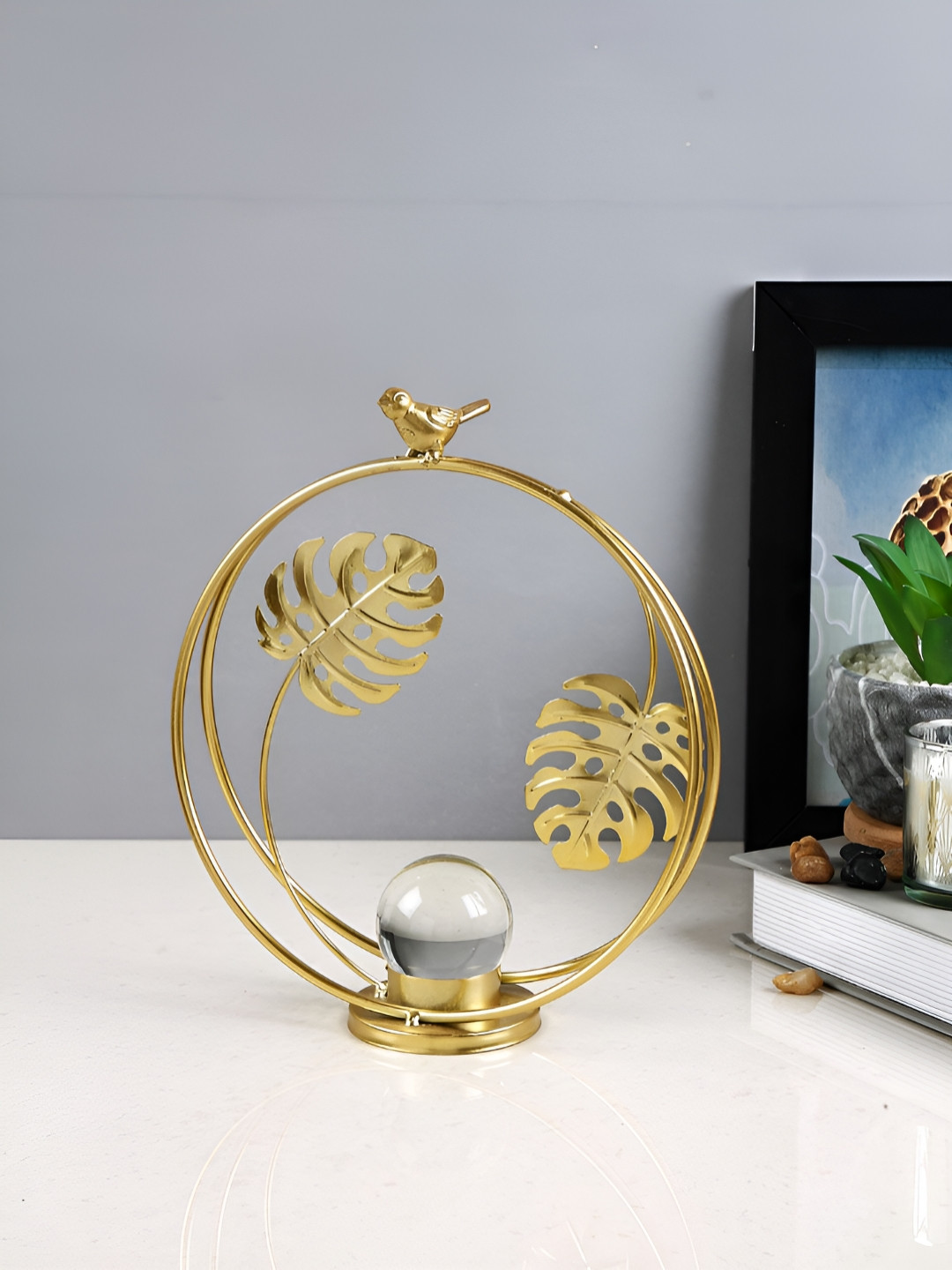 Myntra Elegant Homes Bird and Monstera Gold Metal Metallic Living Room Medium Showpiece - 9.3 Inches