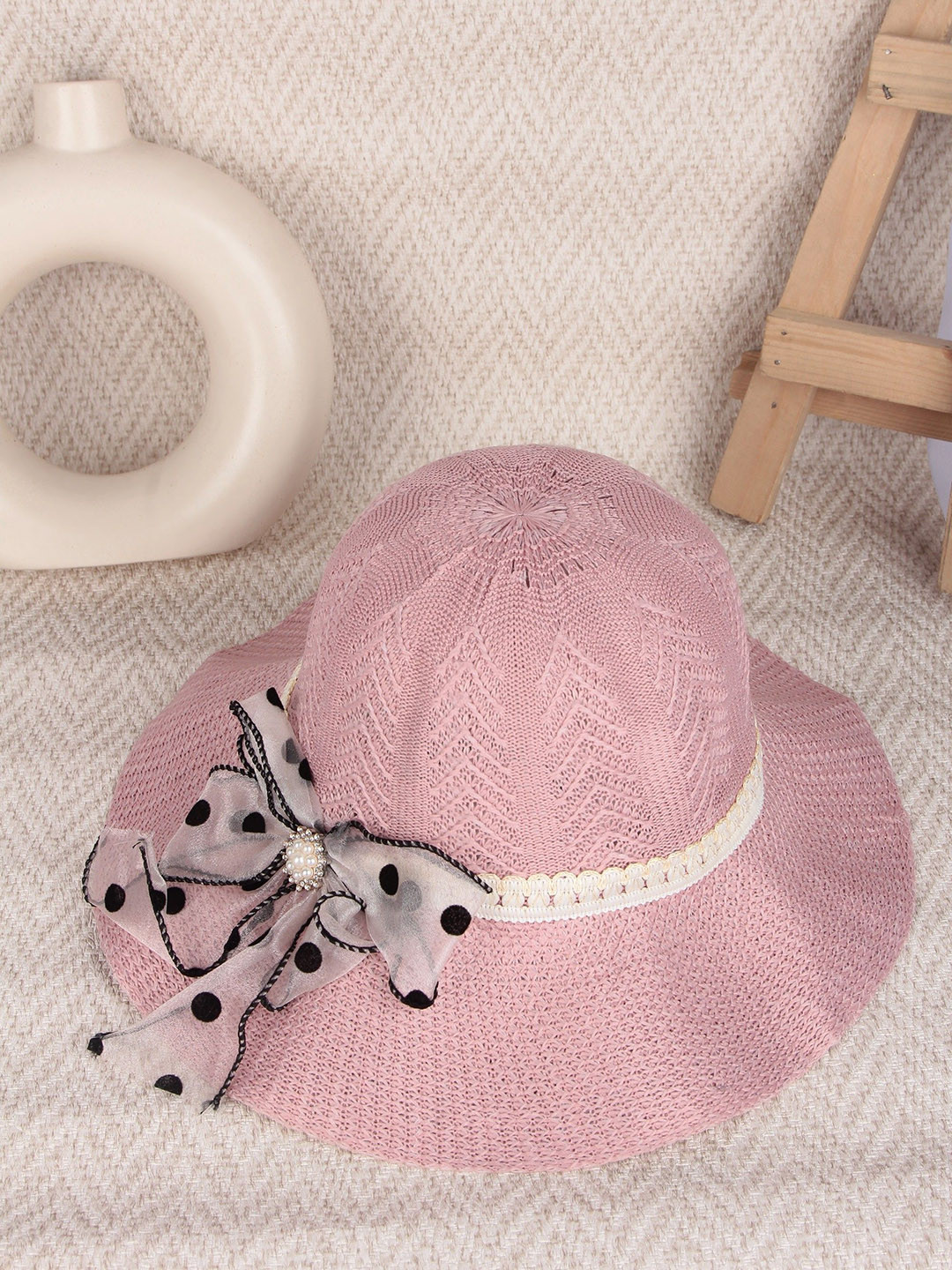 Infispace Women Pink Embroidered Bow Detail Fedora Hat