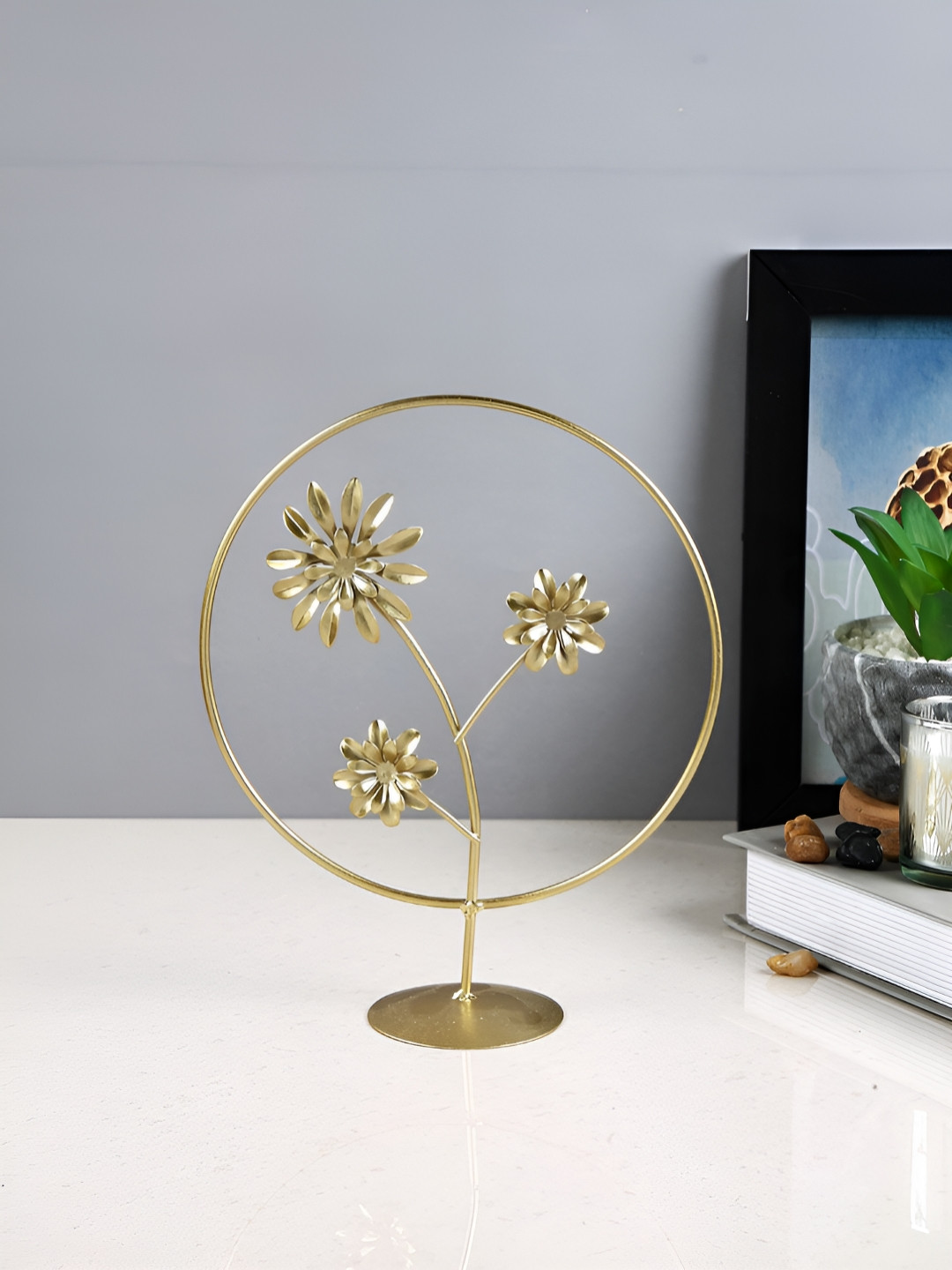 TAYHAA Radiant Bloom Circle Gold Metal Metallic Living Room Medium Showpiece - 8.7 Inches