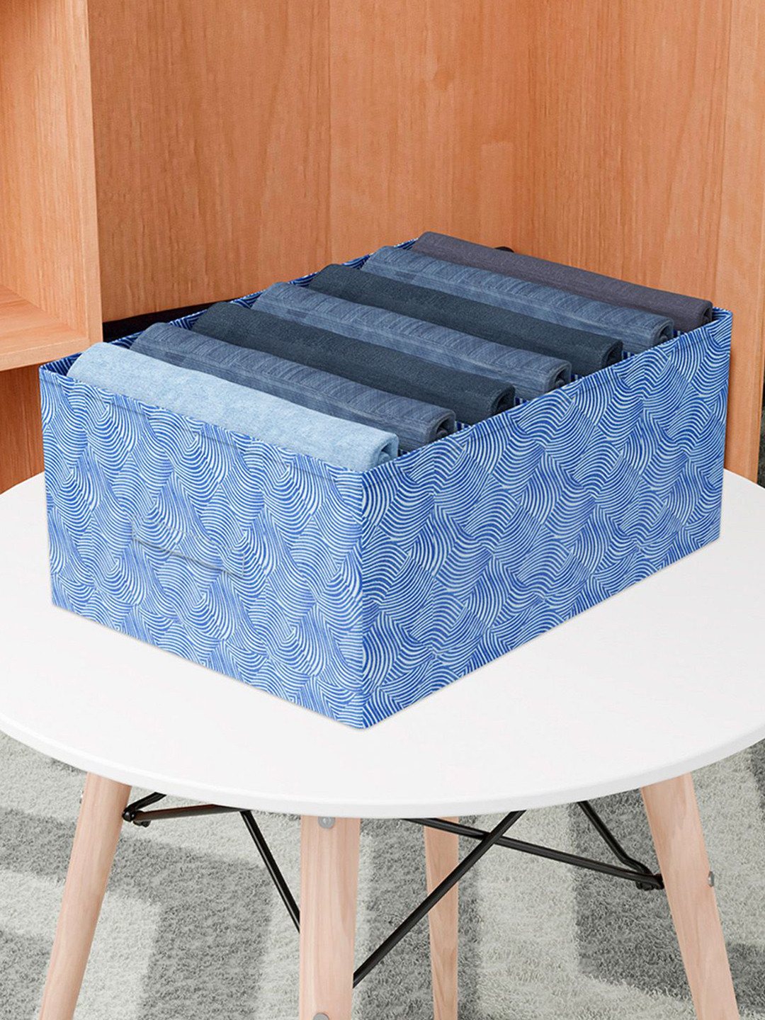 Kuber Industries Blue & White 7-Grid Trouser Box Storage Organiser