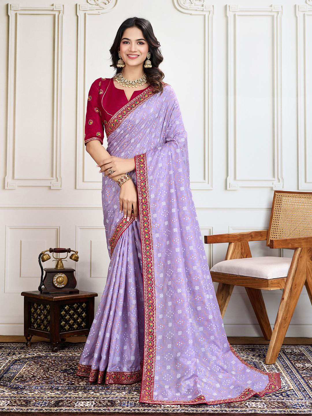 House of Pataudi Badshah Bandhani Printed With Embroidered Saree With Unstitched Blouse
