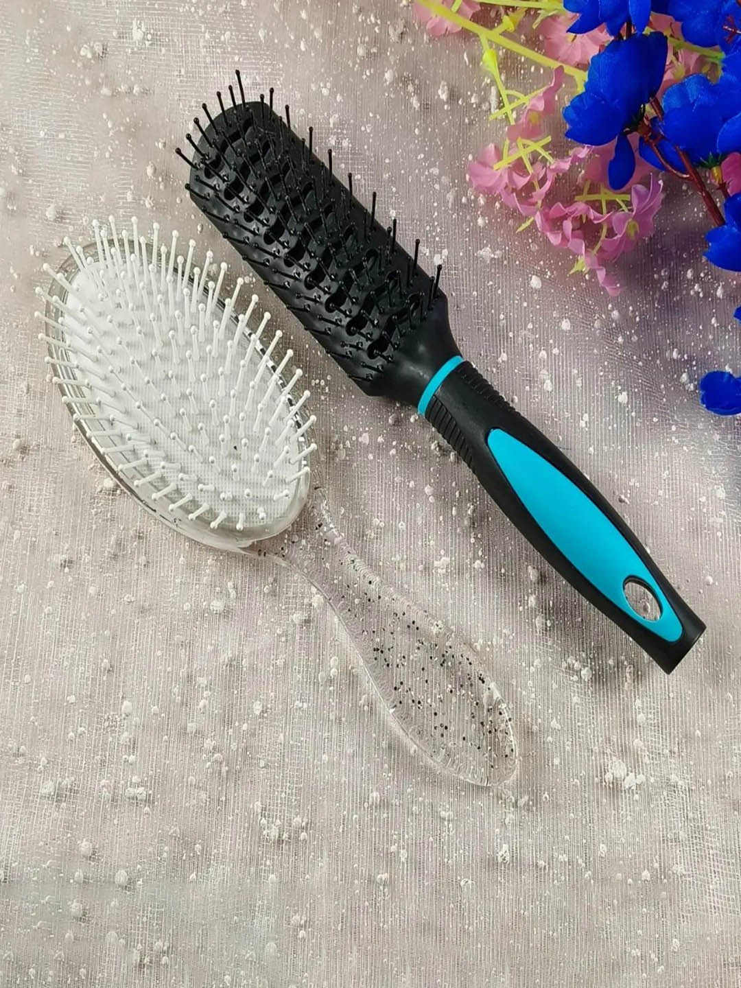 Jewelz Set Of 2 Paddle Cushion Brush & Cleaning Hair Comb - Silver & Black