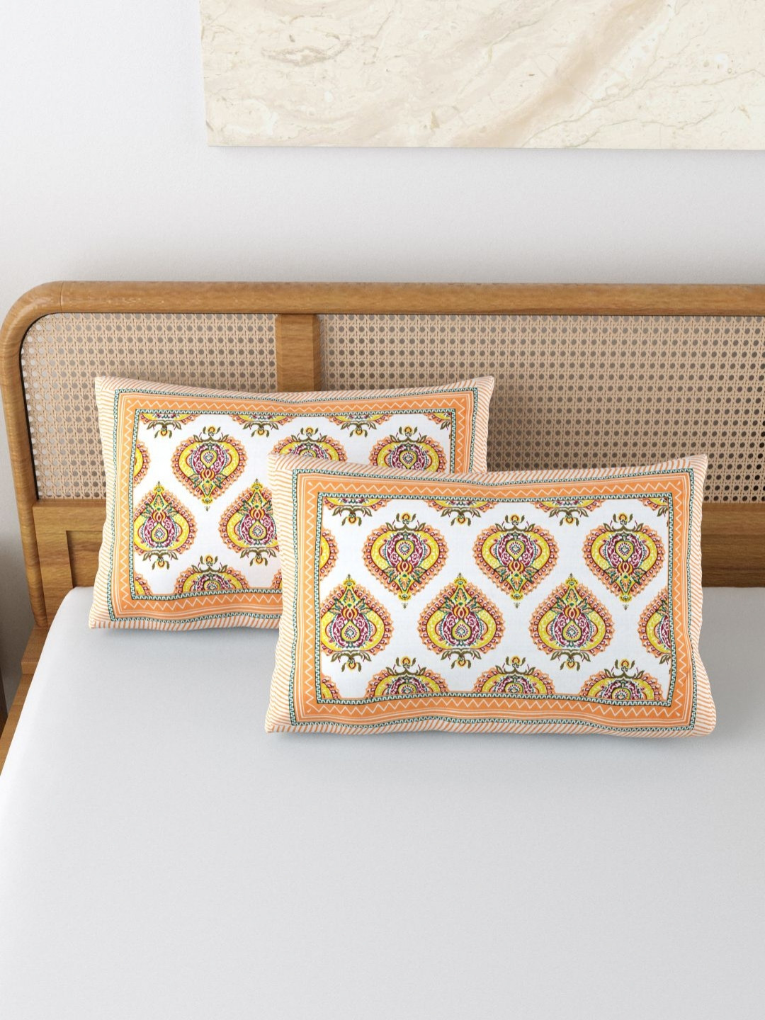 BLOCKS OF INDIA Orange & White 2 Pieces Printed Pure Cotton Rectangle Pillow Covers