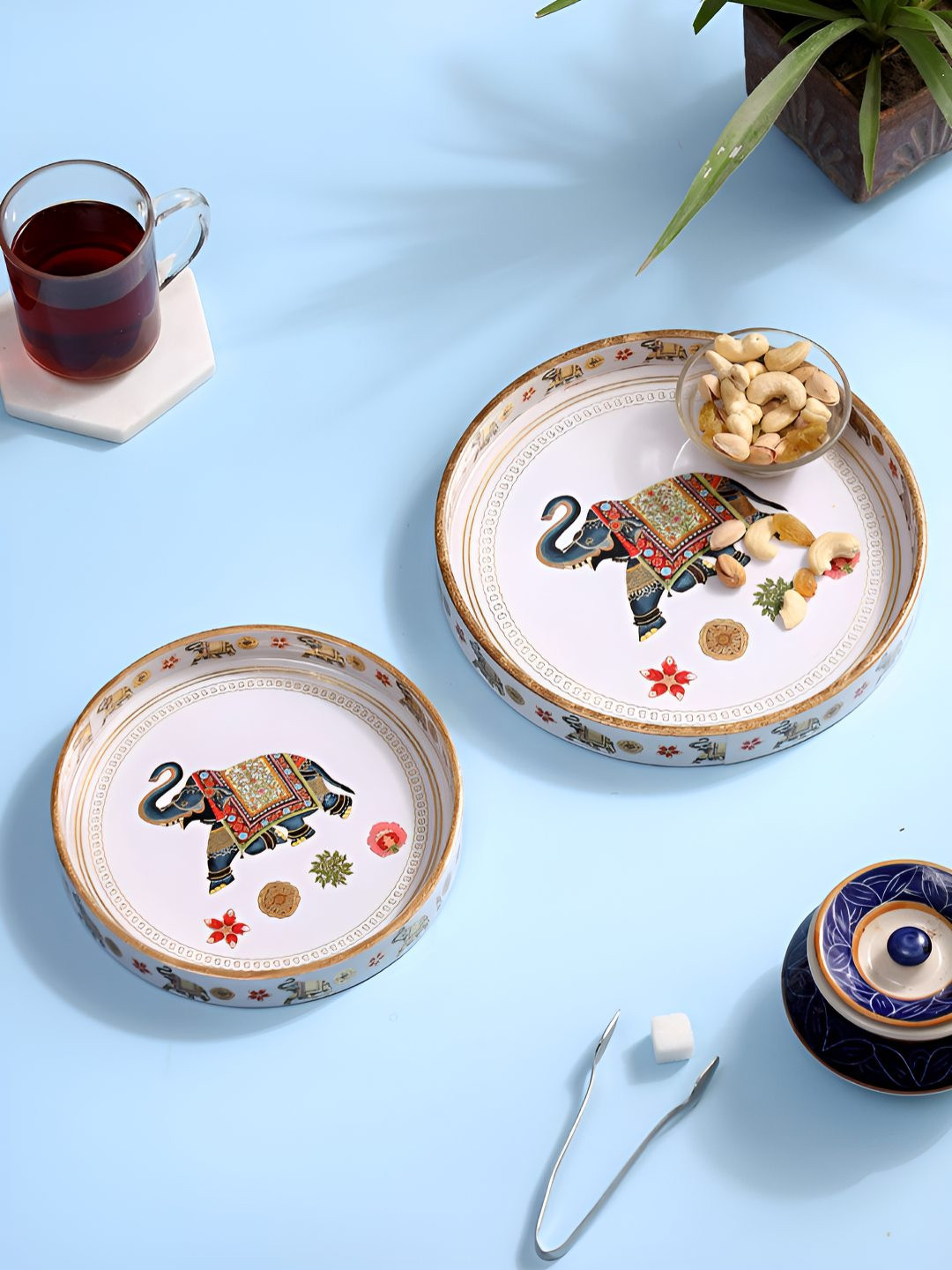 DULI Blue Wood 2 Pieces Printed Round Easy to Clean Serving Tray