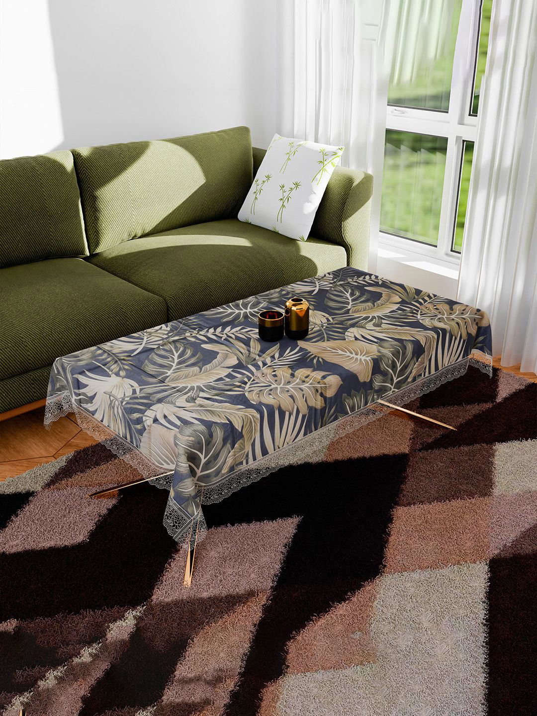 Kuber Industries Brown Floral Printed Anti-Skid 4-Seater Centre Table Cloth For Sofa Table