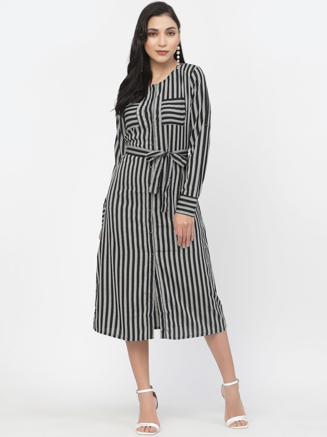 DELIS Striped Georgette A-Line Midi Dress