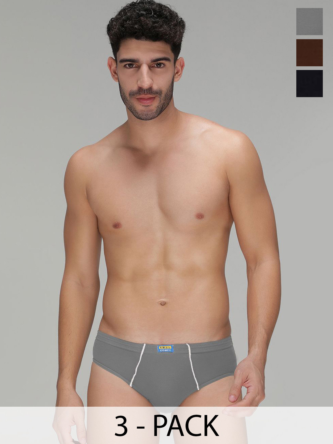 AMUL COMFY Men Pack Of 3 Cotton Basic Briefs AC-CBRIIE-LB-SG-NY-S-3PC