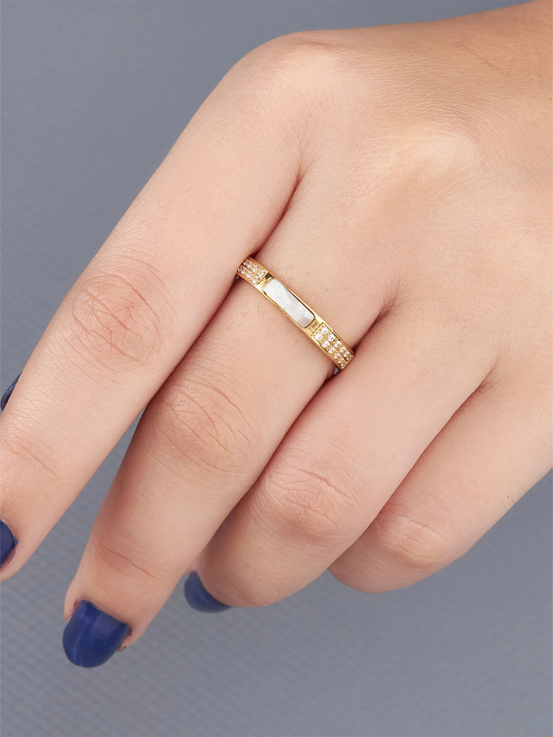 PYLON Stainless Steel Gold-Plated Artificial Stone Studded Finger Ring