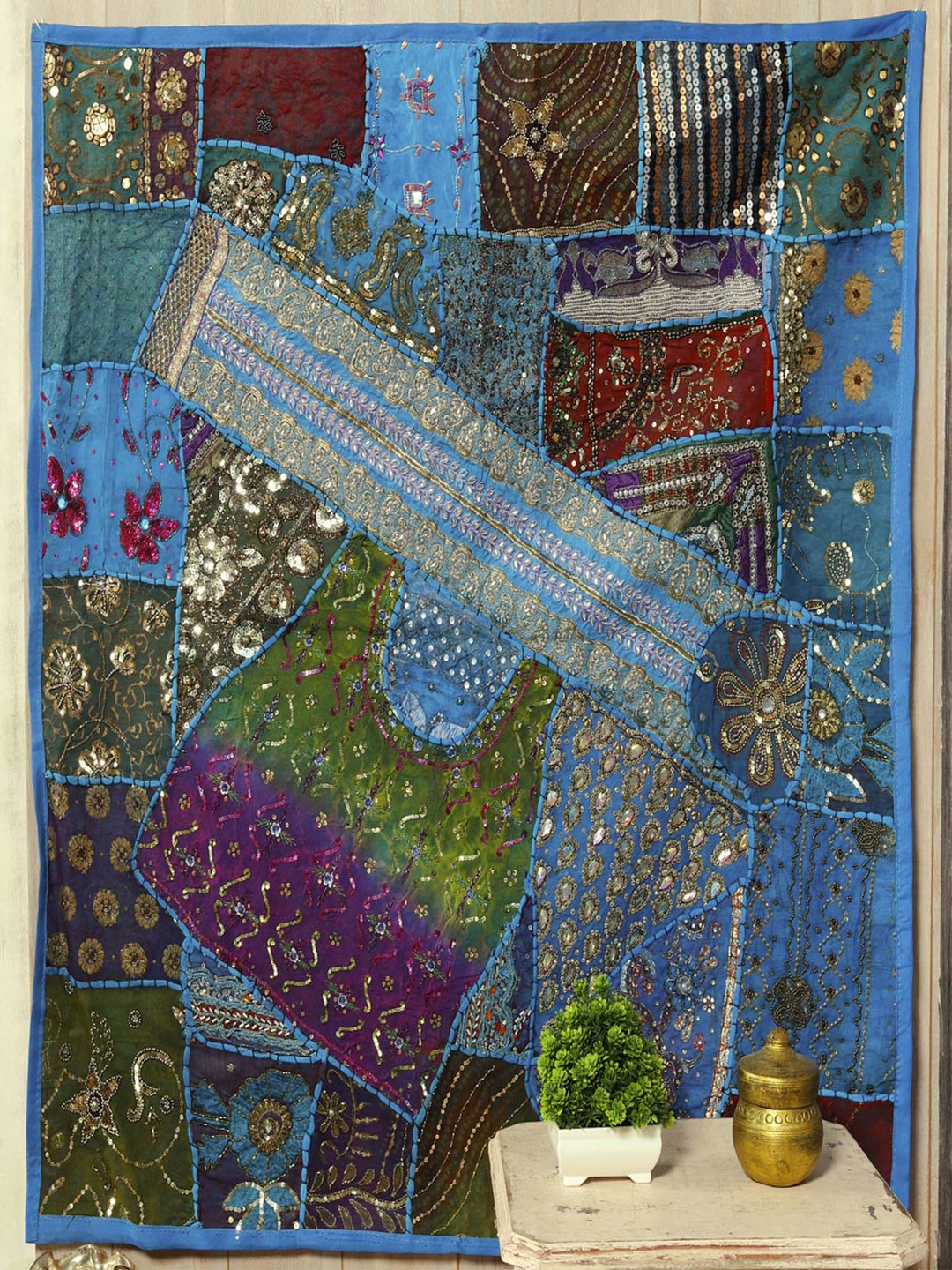 HANDICRAFT PALACE Turquoise Blue & Green Embroidered Beaded Patchwork Wall Hanging