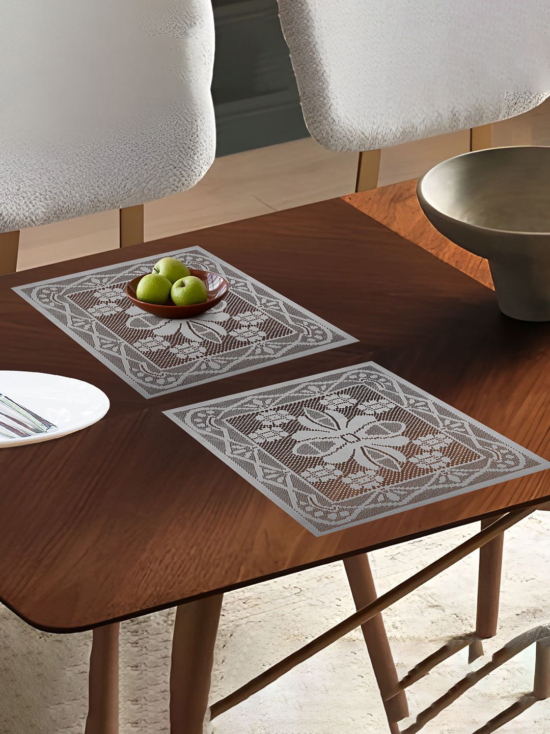 Kuber Industries White 2 Pieces Floral Cotton Square Shape Net Table Placemats