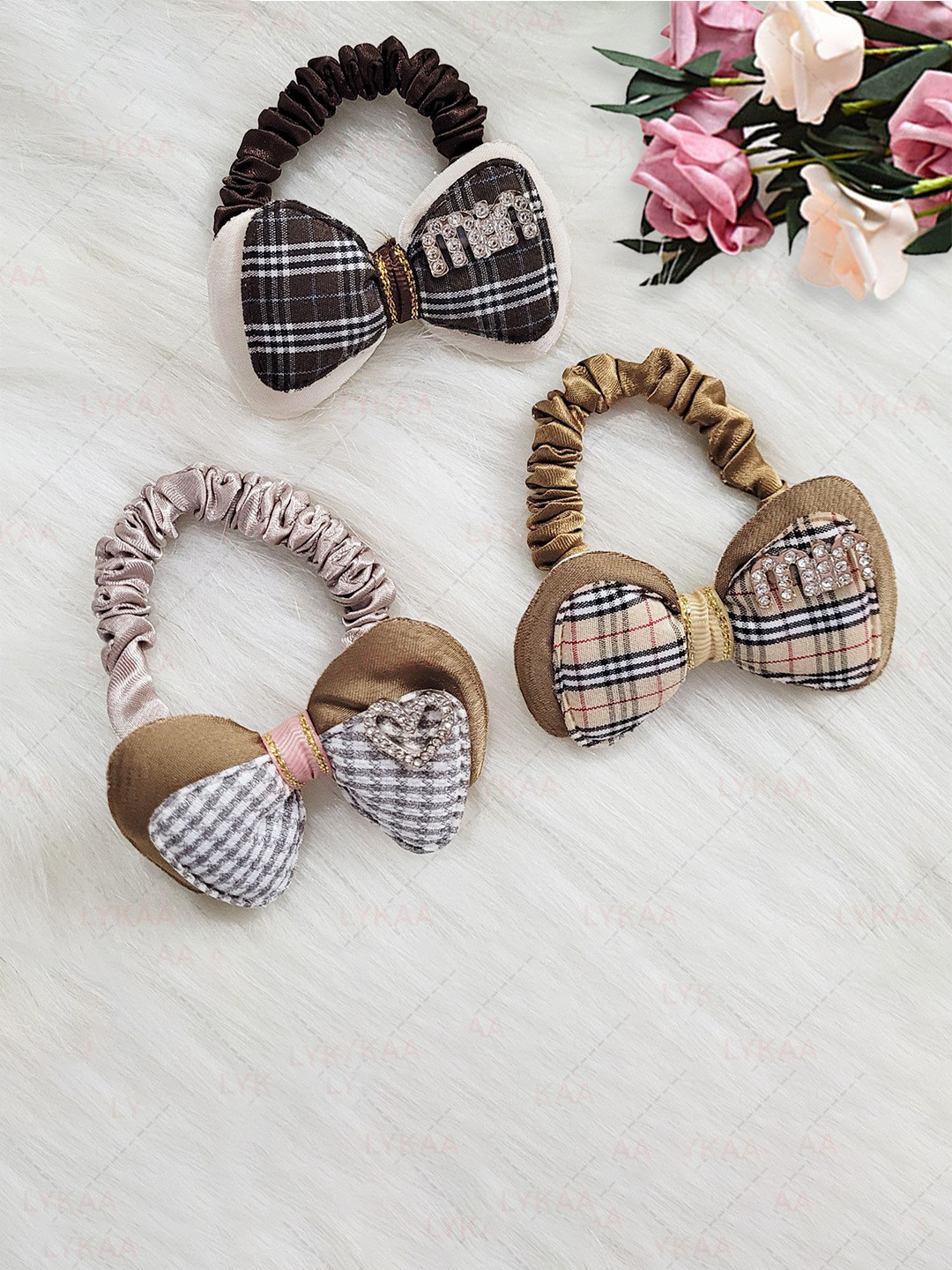 LYKAA Set of 3 Brown Burberry Print Bow Hair Rubber bands