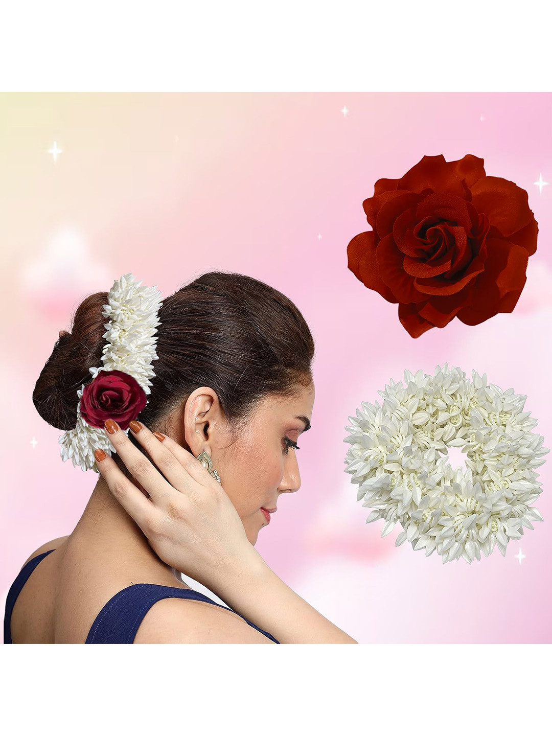 LYKAA Set of 2 Red & White Artificial Mogra Gajra & Red Rose Clip Combo