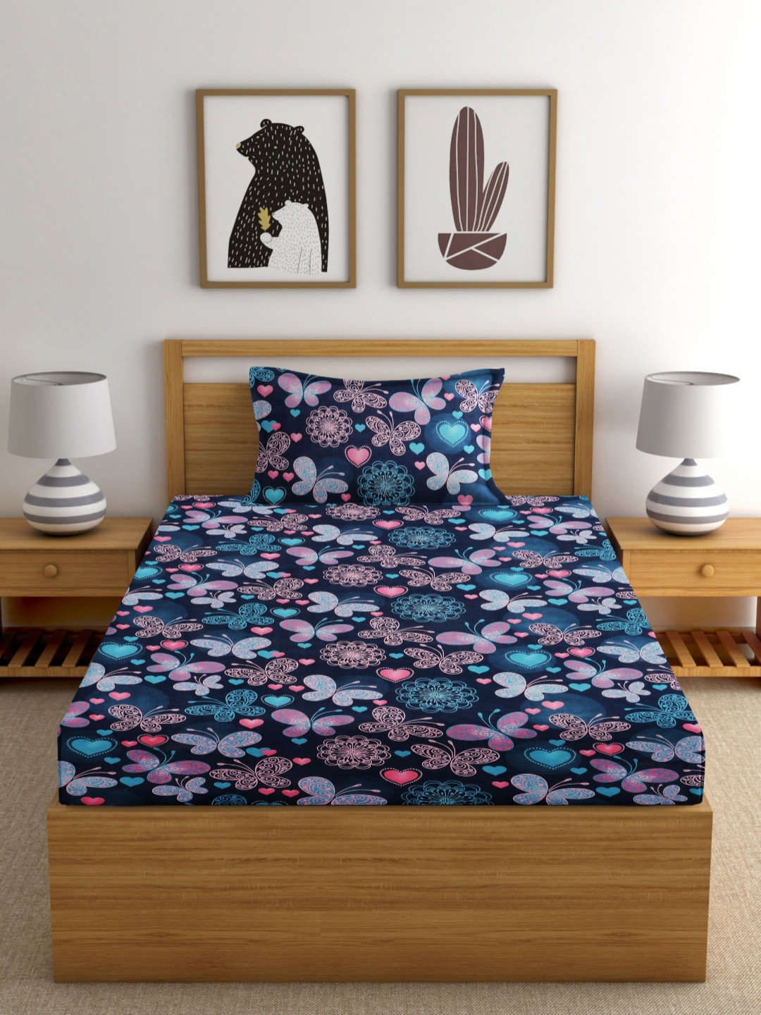 EXFAB Butterffly Blue Conversational Pure Cotton 240 TC Fitted Single Fine Bedsheet with a Pillow Cover-74 x 45 inches
