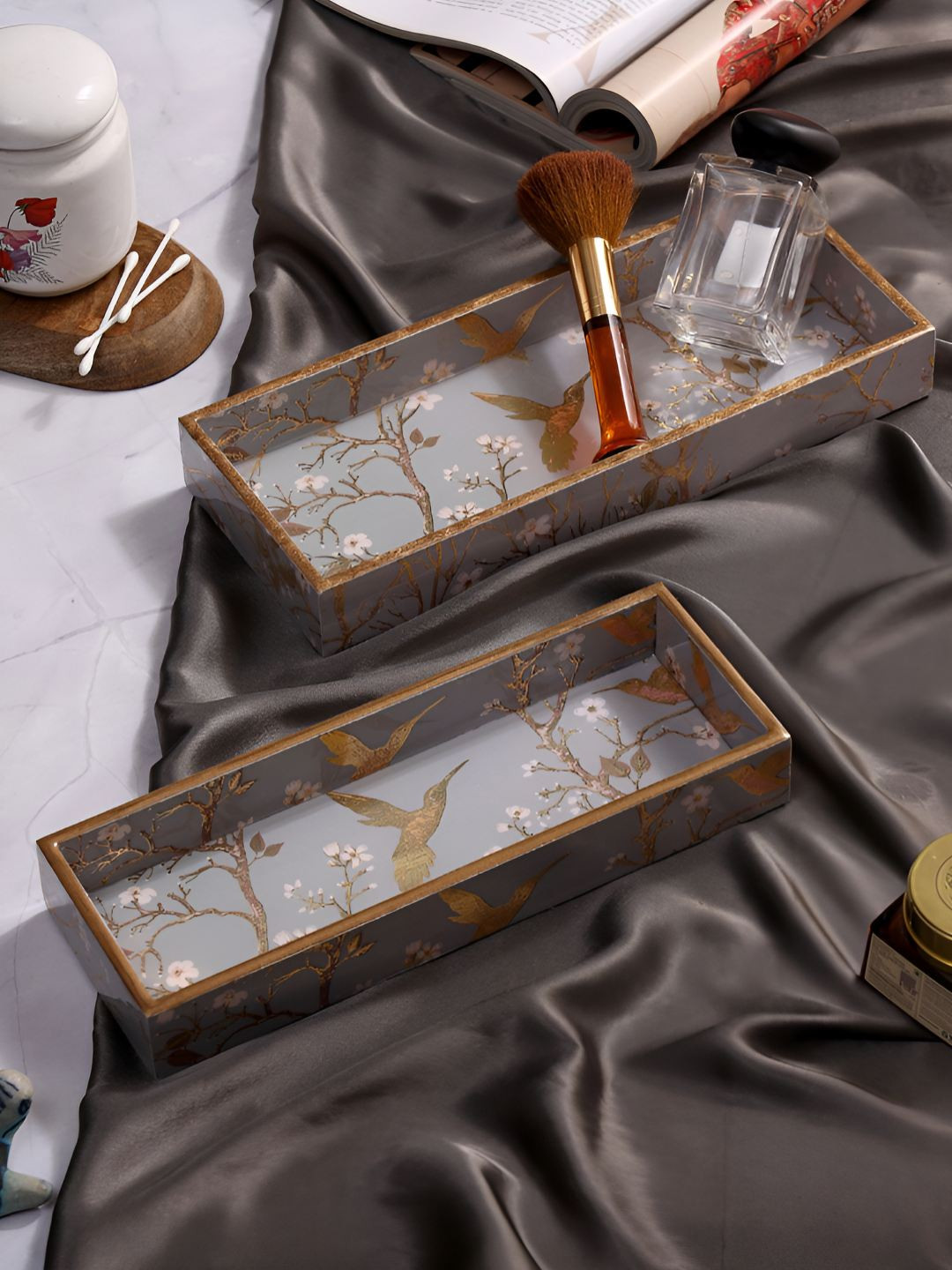 DULI Grey Wood 2 Pieces Printed Rectangle Easy to Clean Serving Tray