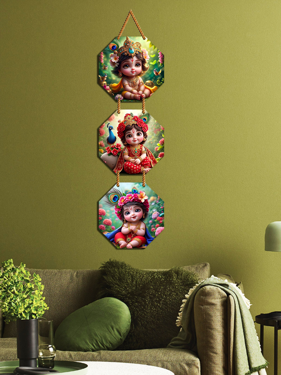 WallDaddy Green & Red Baby Krishna Printed Wooden Spiritual Wall Hanging
