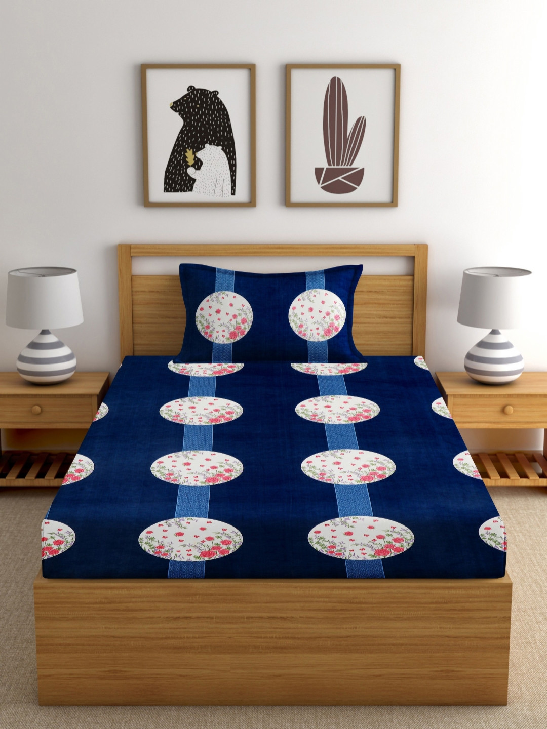 EXFAB Pink Floral Cotton 244 TC Fitted Single Fine Bedsheet with a Pillow Cover-59 x 87 inches