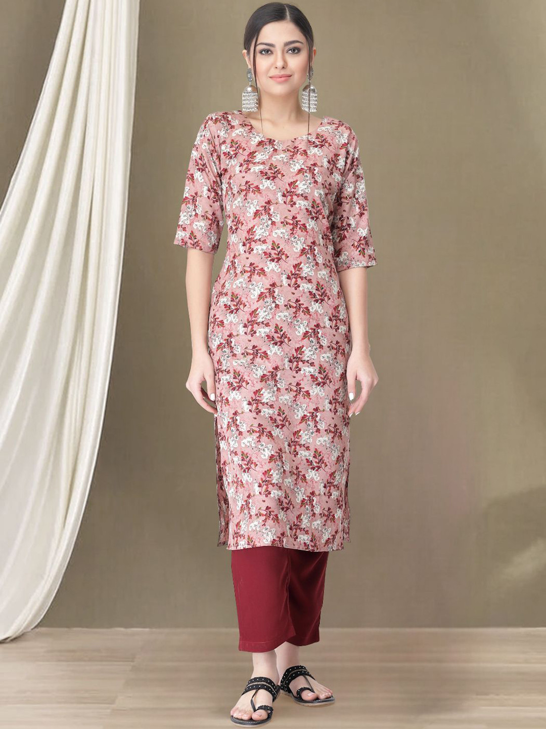 Moda Rapido Peach Coloured & Maroon Floral Printed Straight Kurta with Trousers