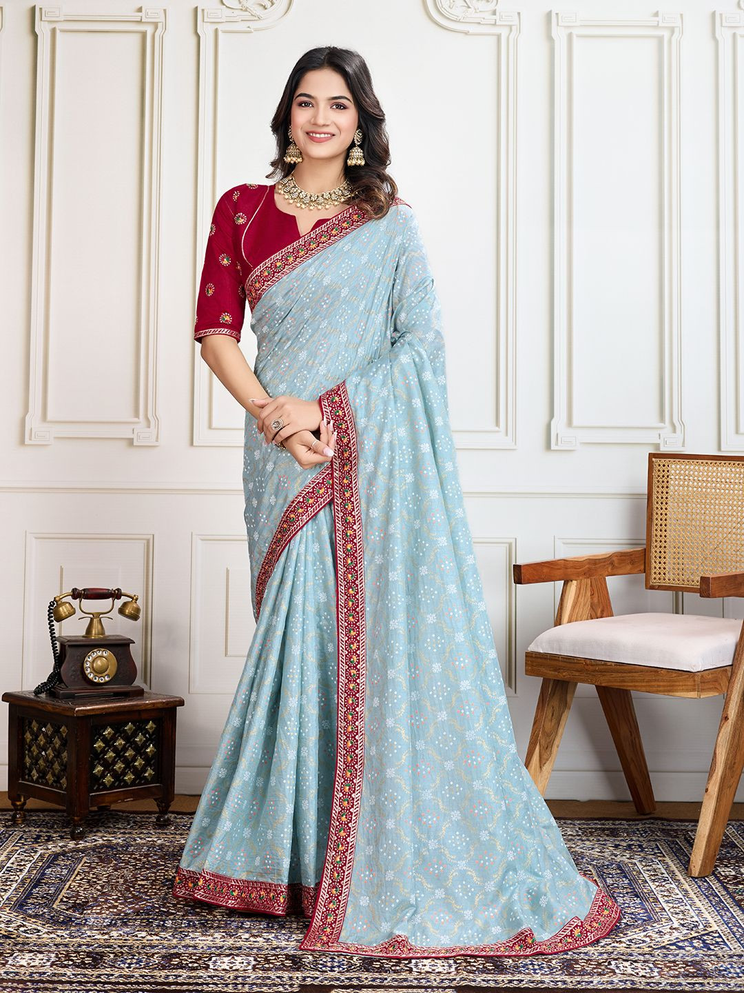 House of Pataudi Badshah Bandhani Printed Embroidered Saree With Unstitched Blouse