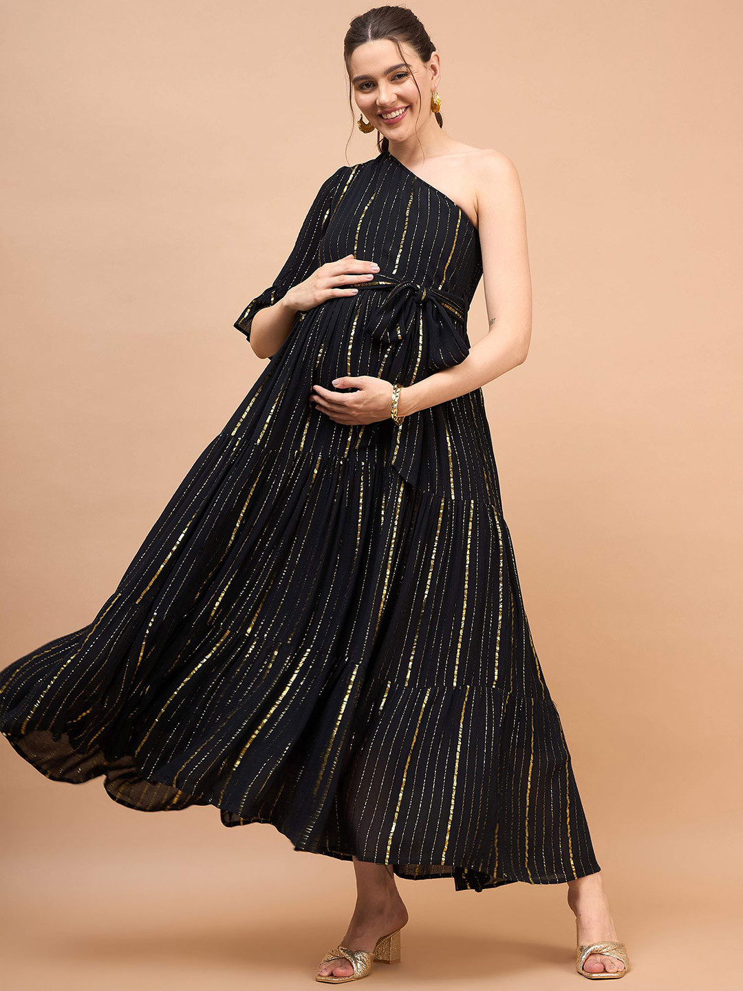 Shades of Sabi Women Striped Print One Shoulder Crepe Maxi Maternity Dress