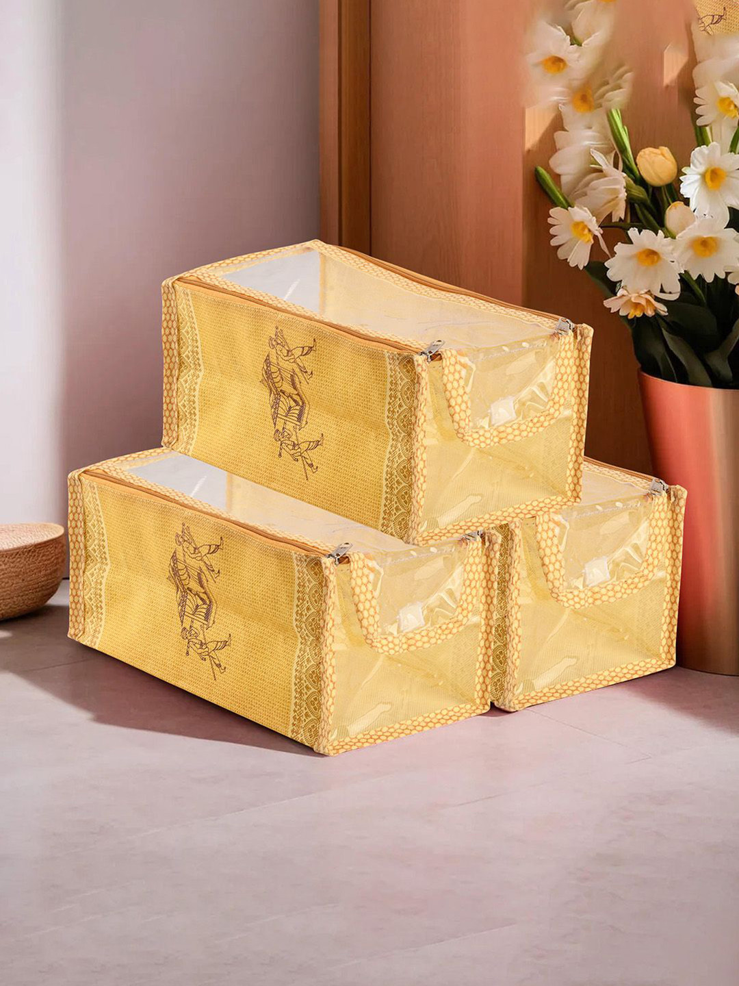 Kuber Industries Gold-Toned & Yellow 3 Pieces Regular Shoes Organisers